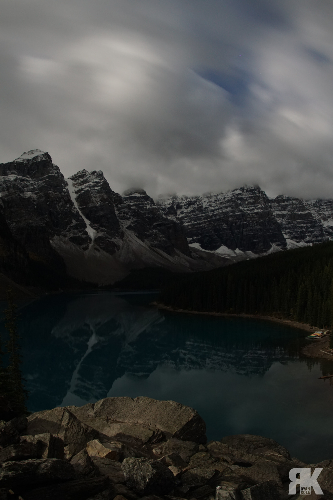Sony ILCA-77M2 + Sony 16mm F2.8 Fisheye sample photo. Cloudy night at moraine lake photography