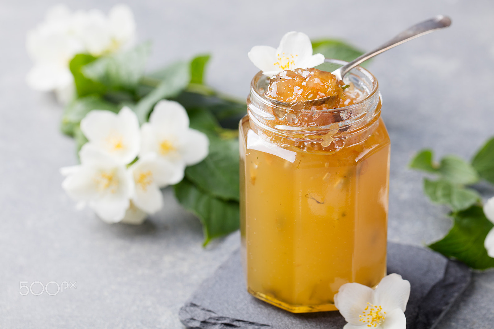 Canon EOS 5DS + Canon EF 100mm F2.8L Macro IS USM sample photo. Jasmine flower confiture, jam with fresh jasmine flowers. grey stone slate background photography