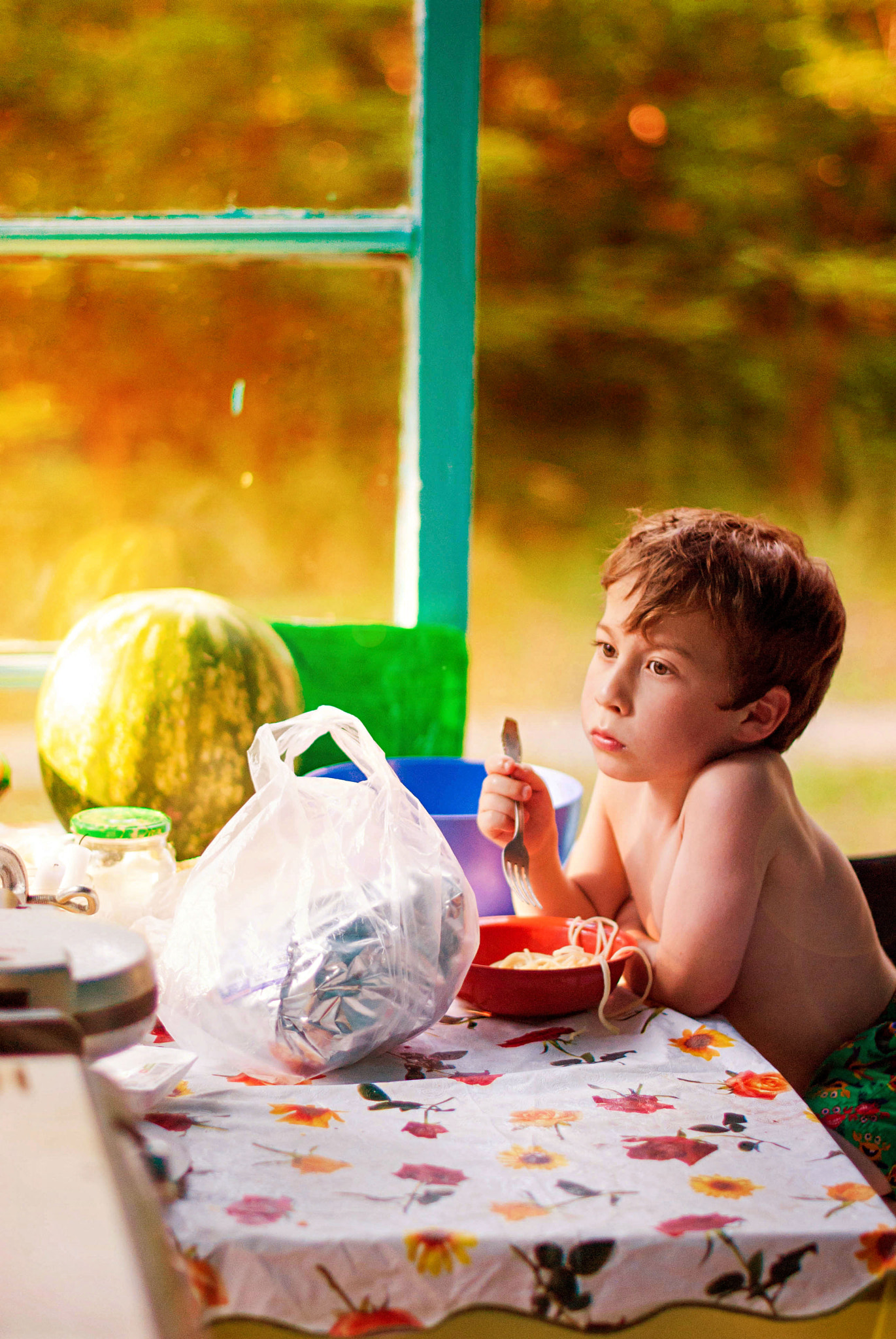 Nikon D3000 + Nikon AF-S Nikkor 50mm F1.4G sample photo. Little boy eating pasta in a small house near the autumn forest. photography