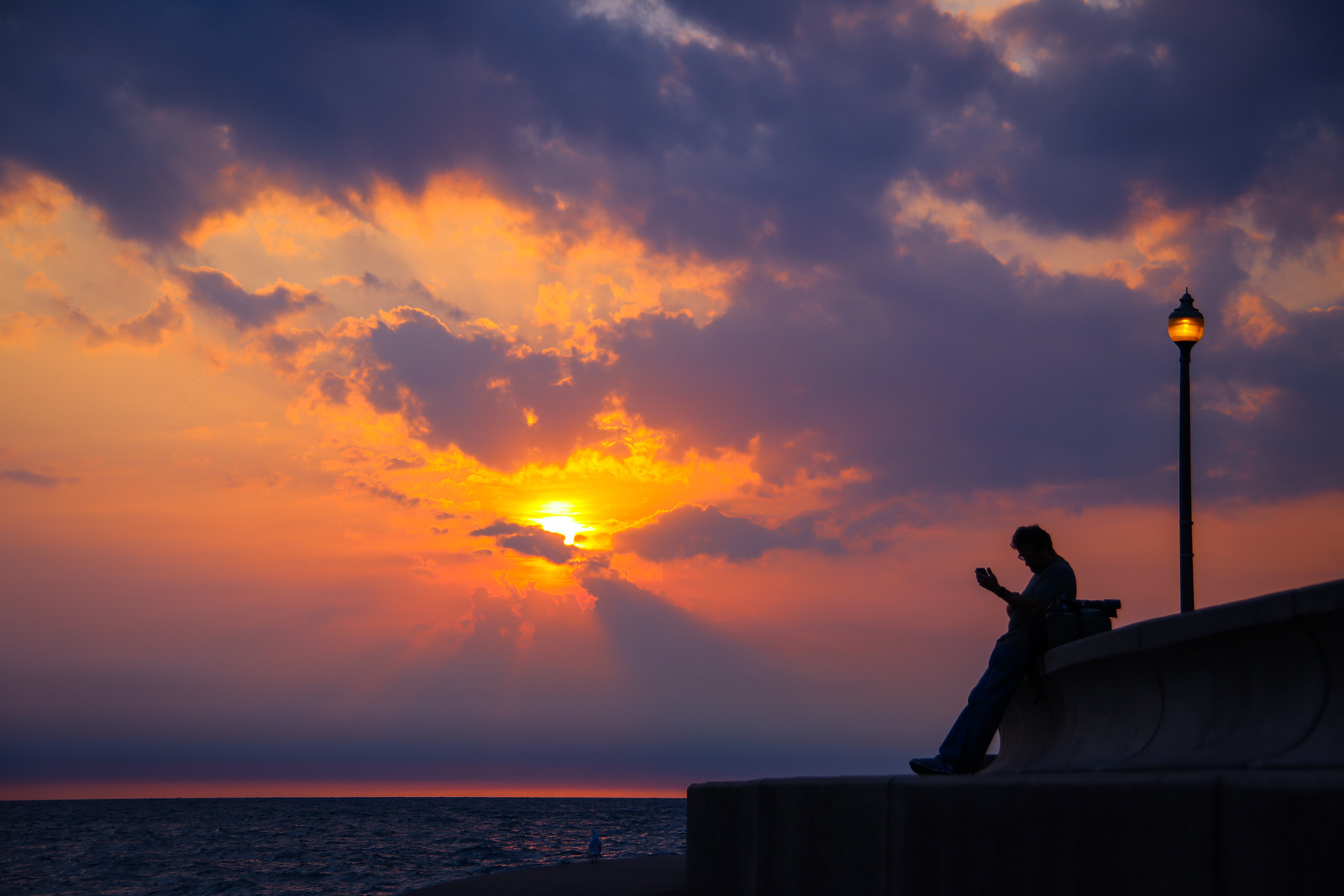Canon 28-300mm sample photo. This gorgeous sunrise right in front of him, and he's staring at his phone... photography