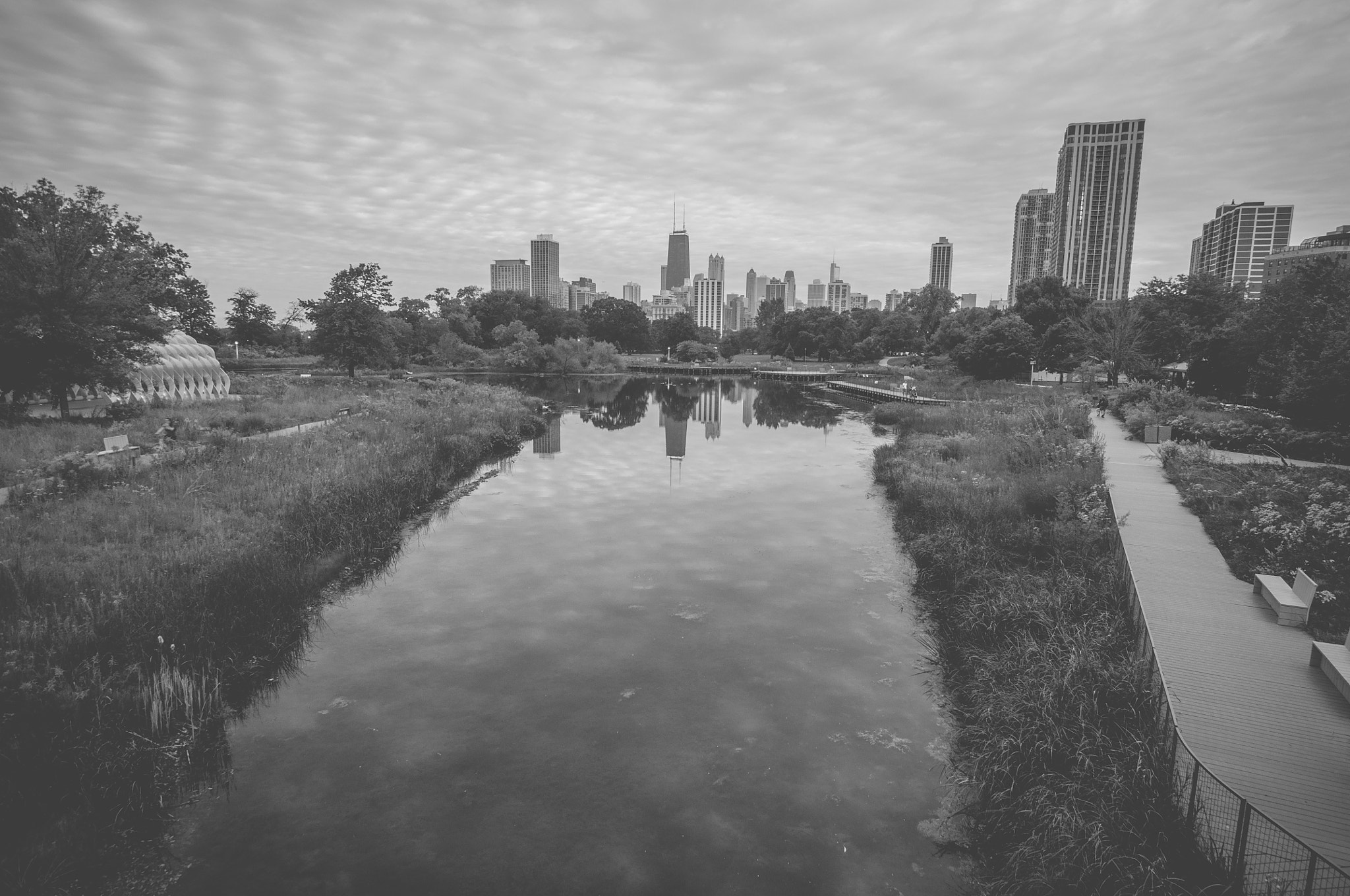 Nikon D5000 + Sigma 10-20mm F3.5 EX DC HSM sample photo. Reflections at south pond in black and white photography