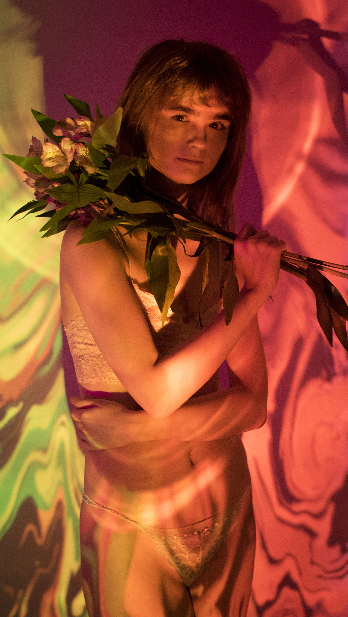 Sony a7R sample photo. Projecting the models paintings onto her while using colored light bulbs photography