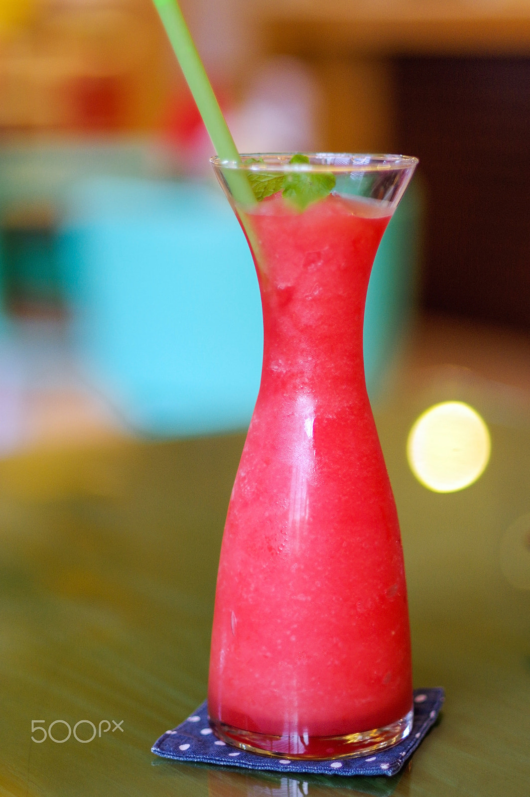 Pentax K-3 + Pentax smc DA* 55mm F1.4 SDM sample photo. Fresh watermelon shake with a straw and mint leaf. drink on  tab photography