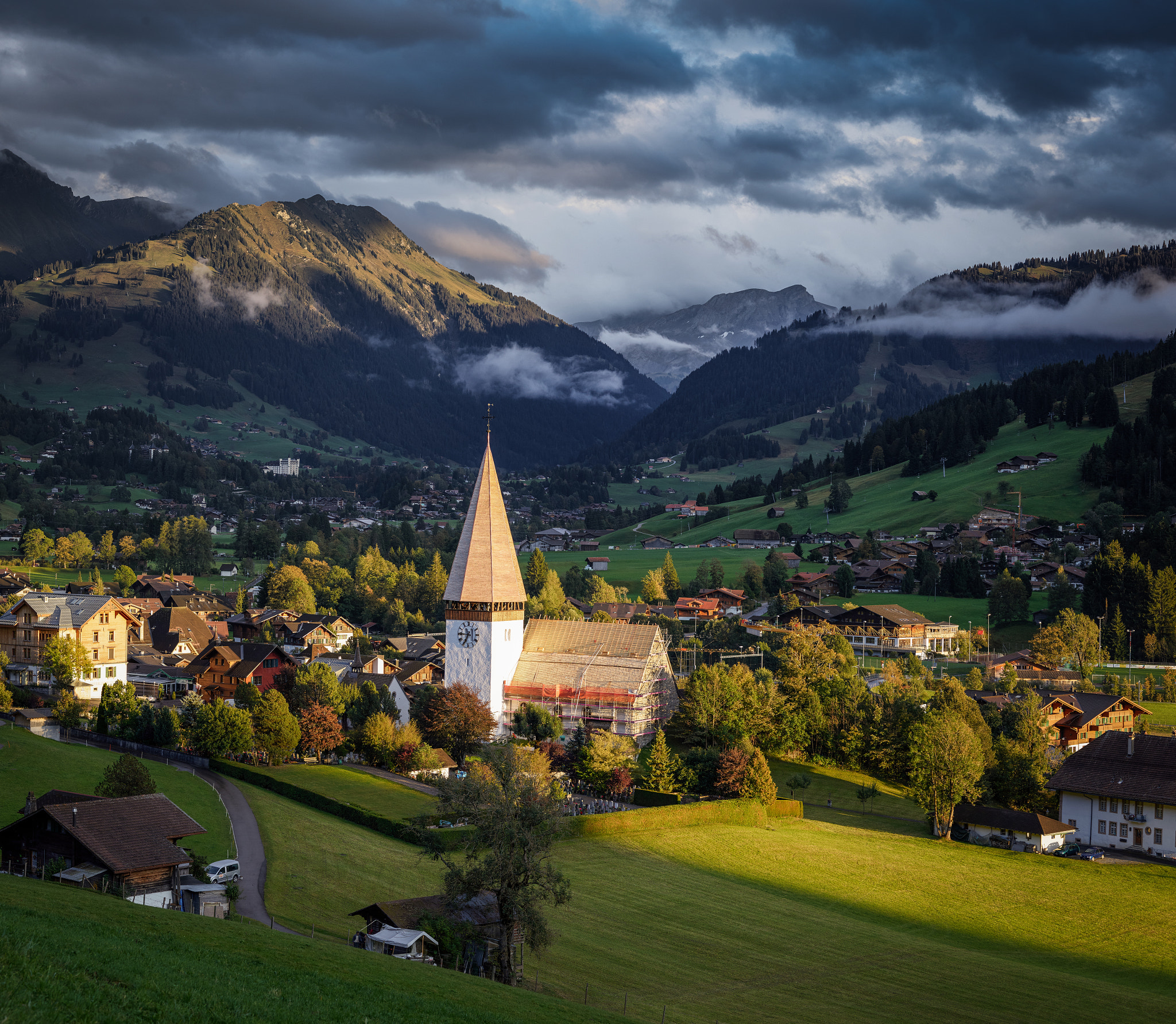 Phase One IQ3 100MP + Schneider Kreuznach LS 80mm f/2.8 sample photo. Saanen church  - sunset after a storm photography