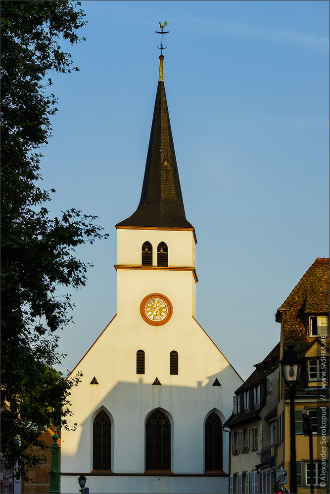 Sony a99 II sample photo. Old church view on sunset, center of strasbourg photography