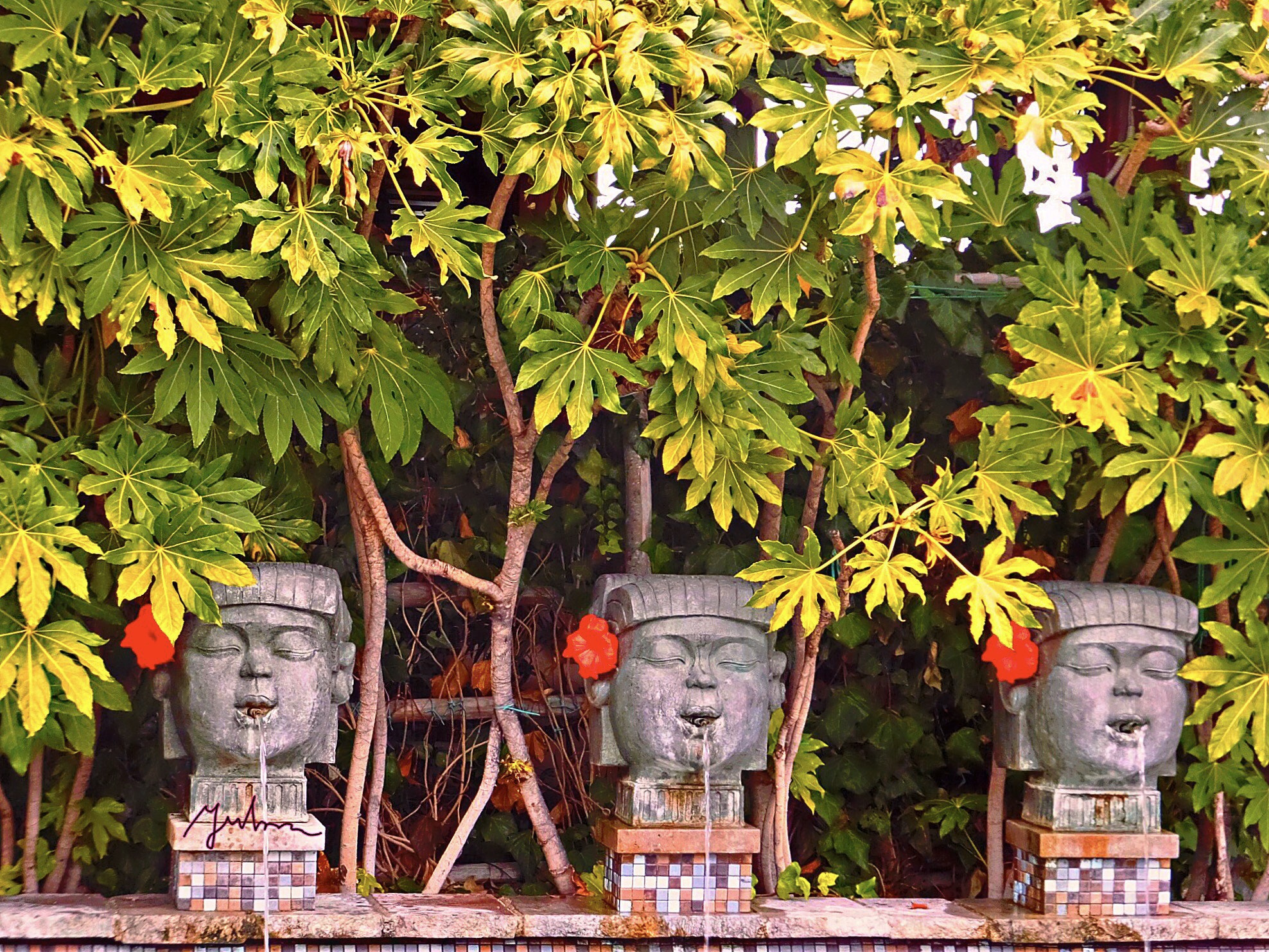 Fujifilm FinePix F900EXR sample photo. Three fountains with red hibiscus photography