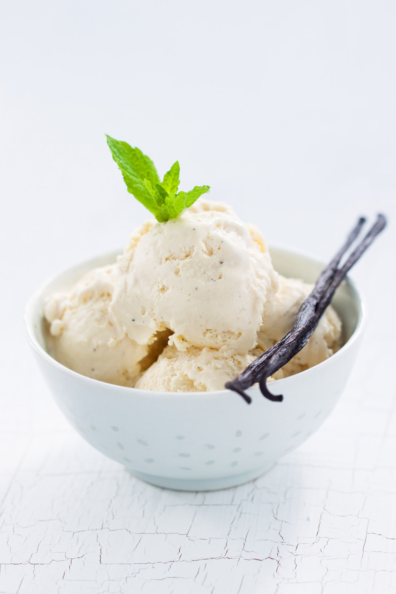 Canon EOS 50D + Canon EF 100mm F2.8L Macro IS USM sample photo. Vanilla ice with vanilla sticks and mint in a bowl, closeup photography