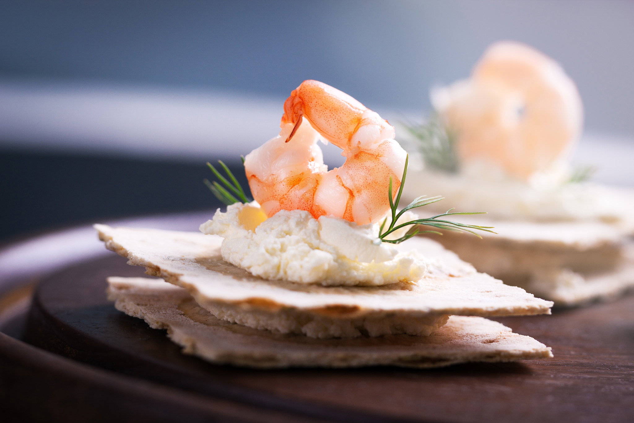 Canon EF 100mm F2.8L Macro IS USM sample photo. Appetizer canape with shrimp, cheese and dill on a small loaf of bread, closeup photography