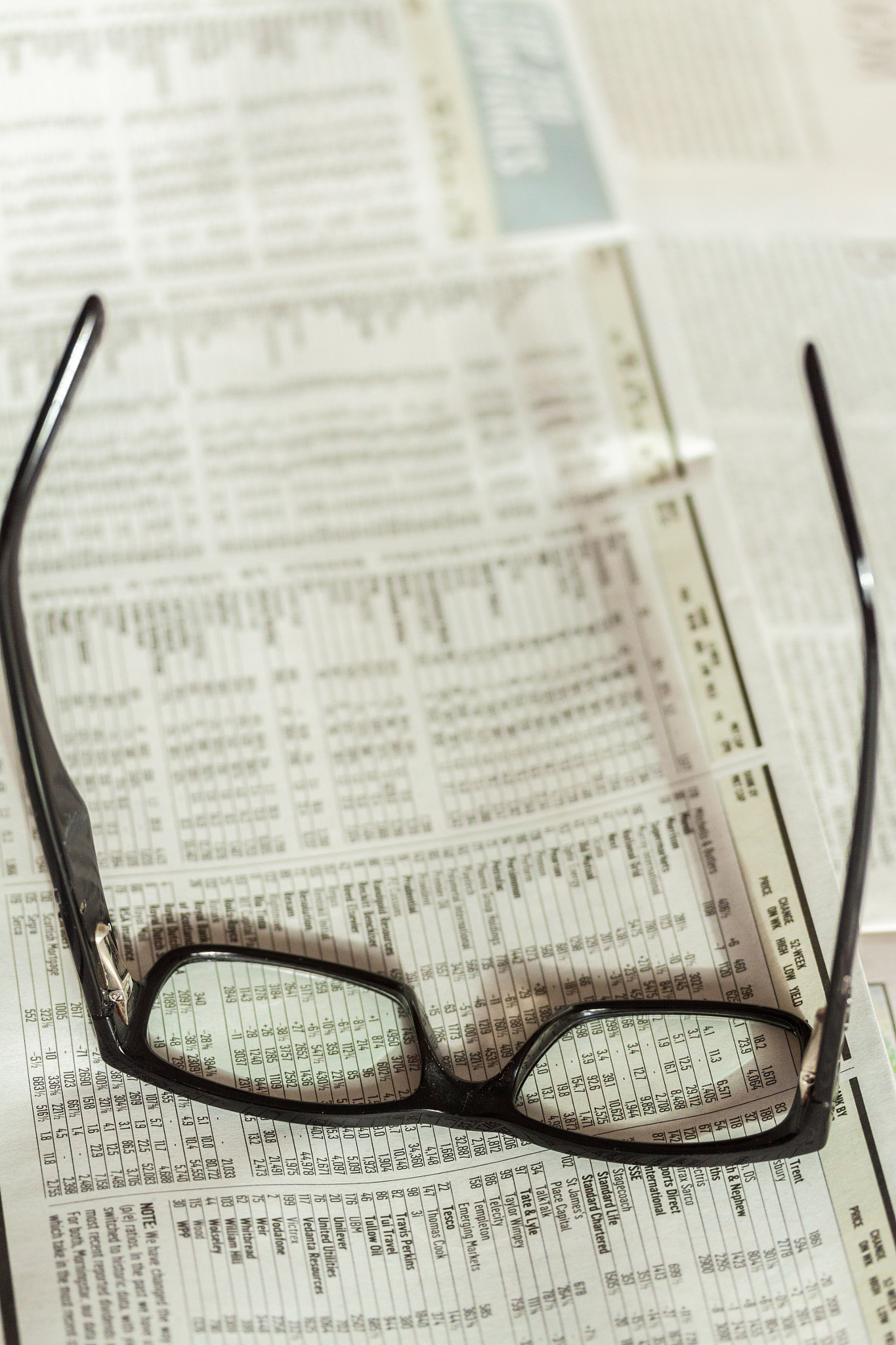 Canon EF-S 60mm F2.8 Macro USM sample photo. Early morning sun on glasses and stocks and shares prices in newspapers photography