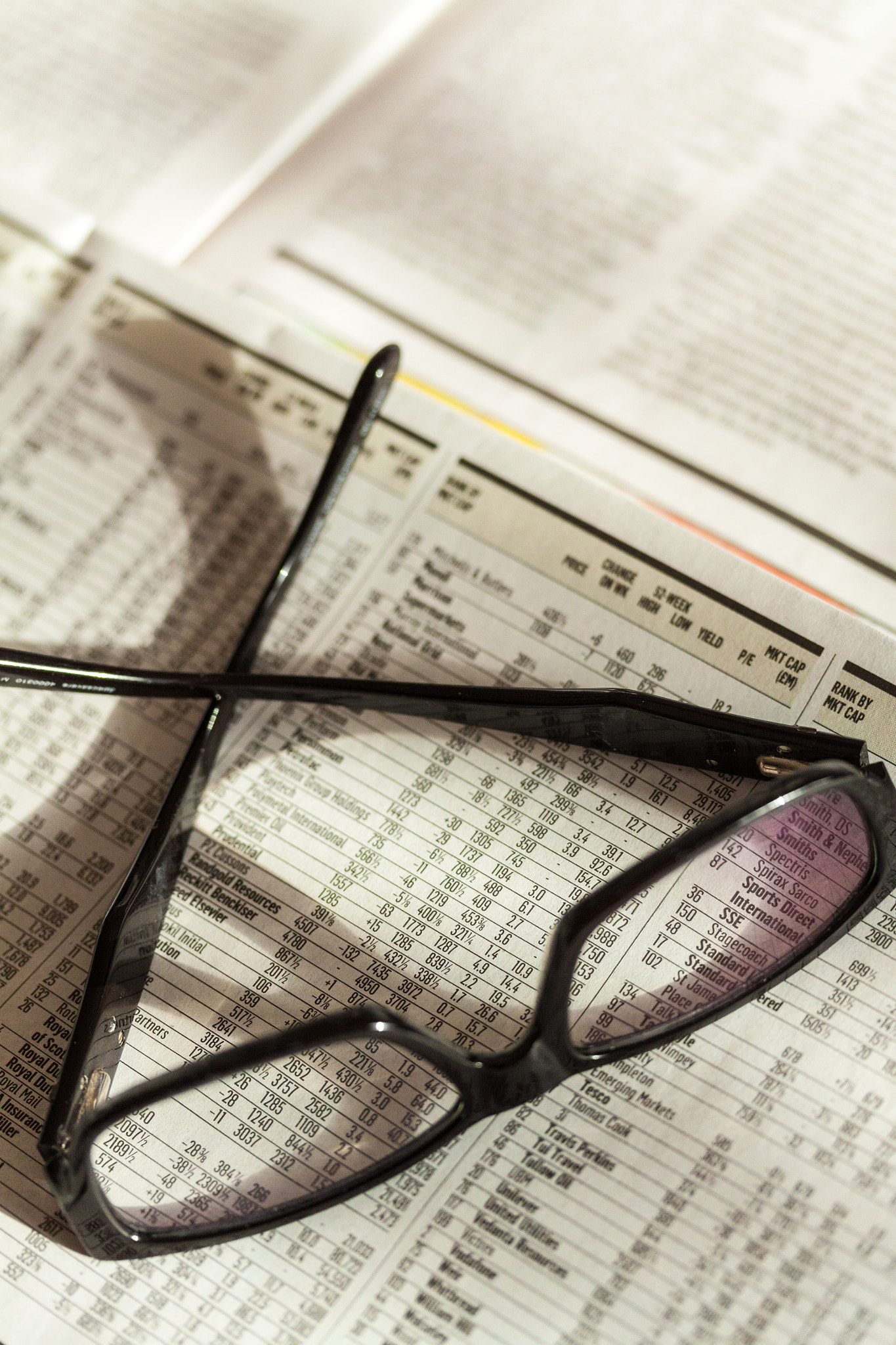 Canon EF-S 60mm F2.8 Macro USM sample photo. Early morning sun on glasses and stocks and shares prices in newspapers photography