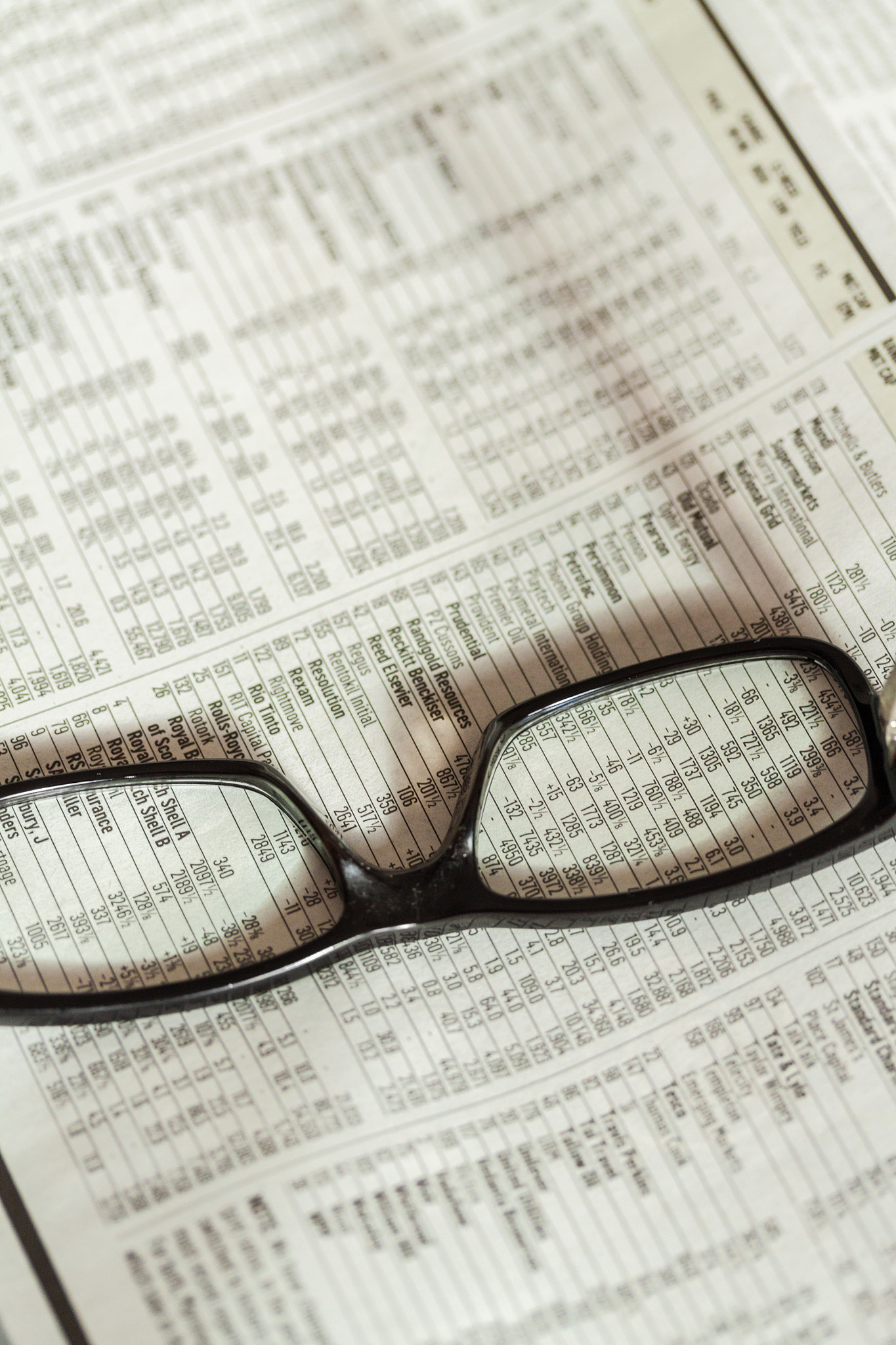 Canon EF-S 60mm F2.8 Macro USM sample photo. Early morning sun on glasses and stocks and shares prices in newspapers photography