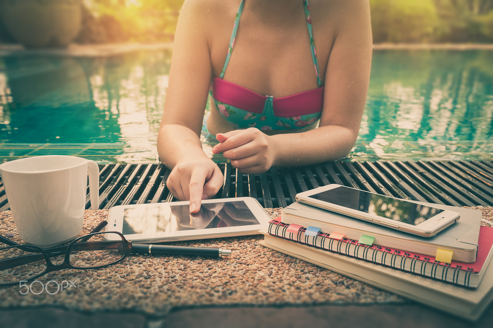 Nikon D700 sample photo. Woman using phone in swimming pool photography