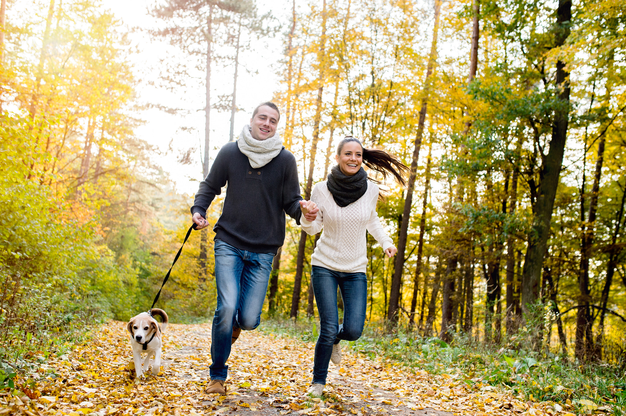 Nikon D4S + Sigma 35mm F1.4 DG HSM Art sample photo. Beautiful young couple with dog running in autumn forest photography