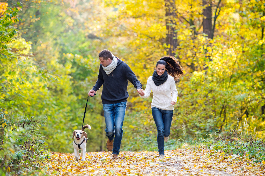 Beautiful young couple with dog running in autumn forest by Jozef Polc on 500px.com