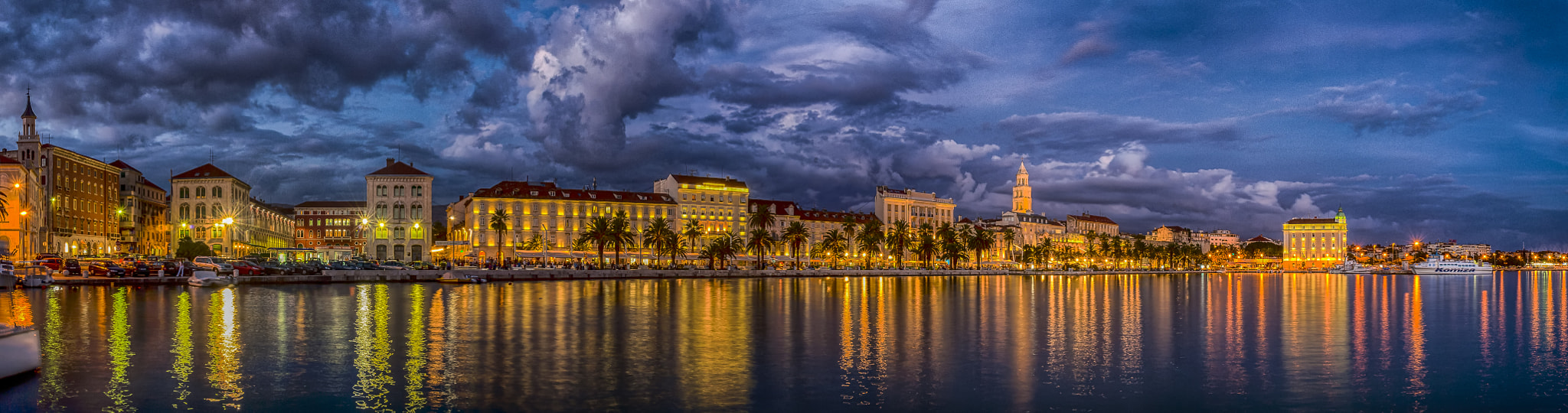 Nikon D2X sample photo. Split harbour at night panoramahdr photography