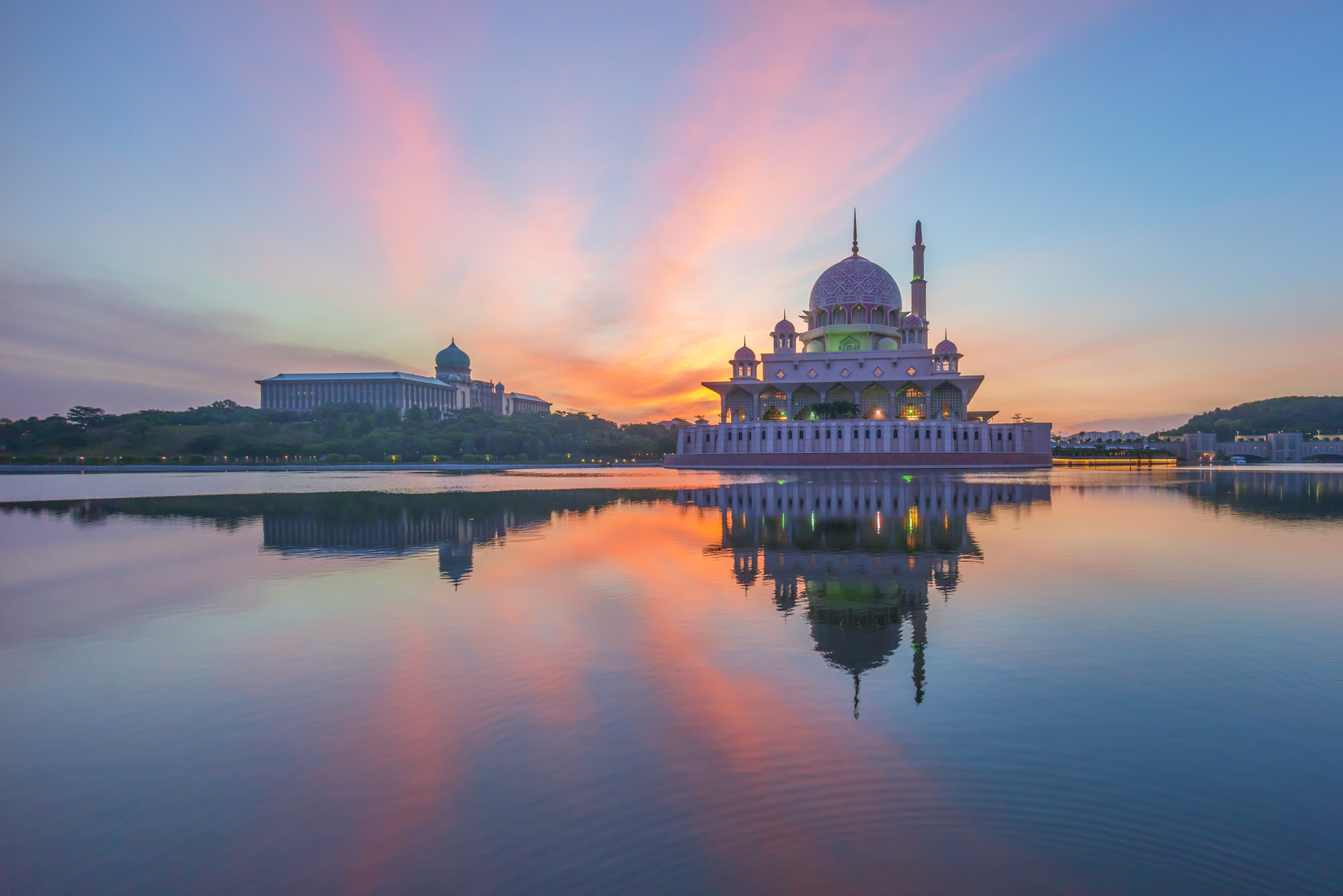 Sony a7R sample photo. Beautiful sunrise over a mosque by the lake with colorful clouds photography