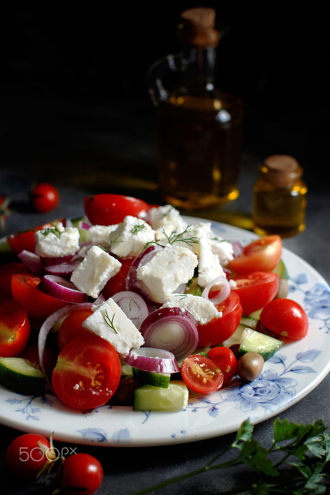 Canon EOS 650D (EOS Rebel T4i / EOS Kiss X6i) + Canon EF 50mm F1.2L USM sample photo. Greek salad on a dark background photography