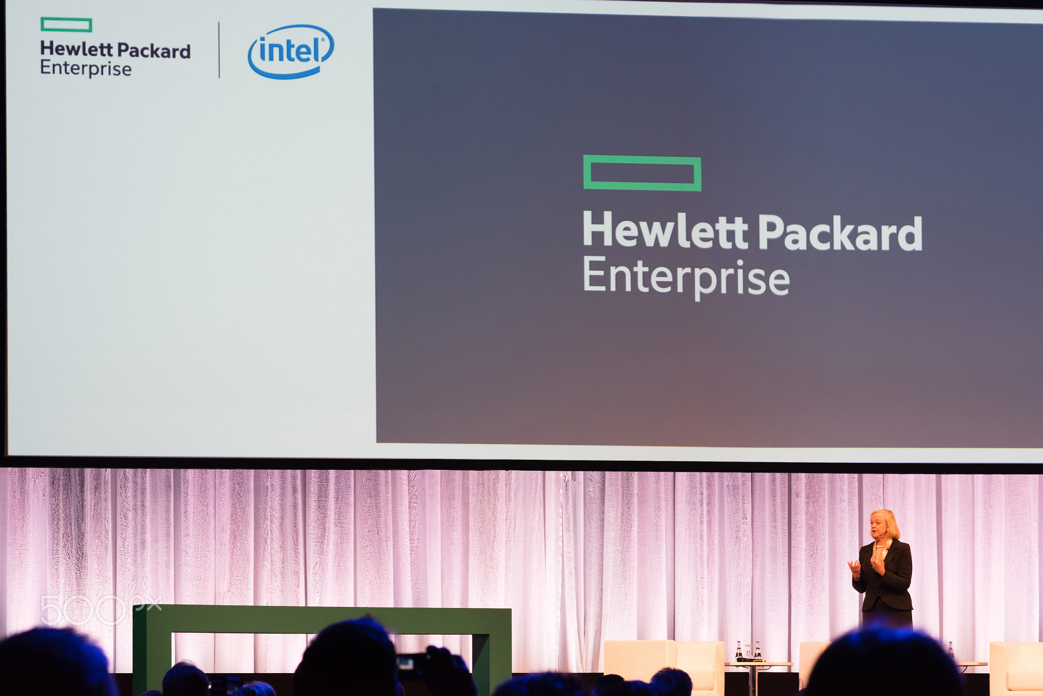 HPE president and chief executive officer Meg Whitman delivers a speech