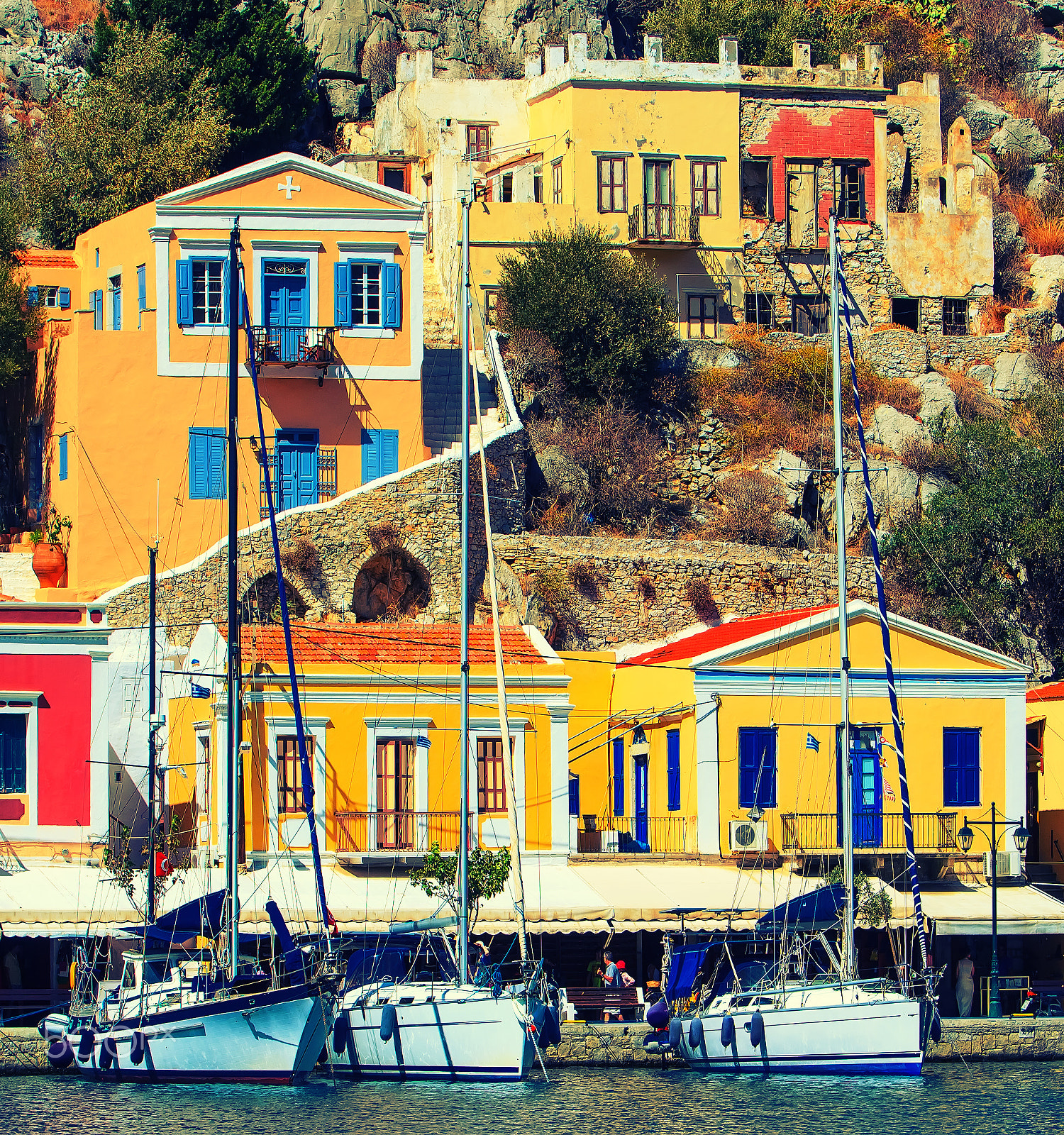 Canon EF 70-200mm F2.8L IS USM sample photo. Beautiful summers day on the greek island of symi in the dodecanese greece europe. retro toning photography