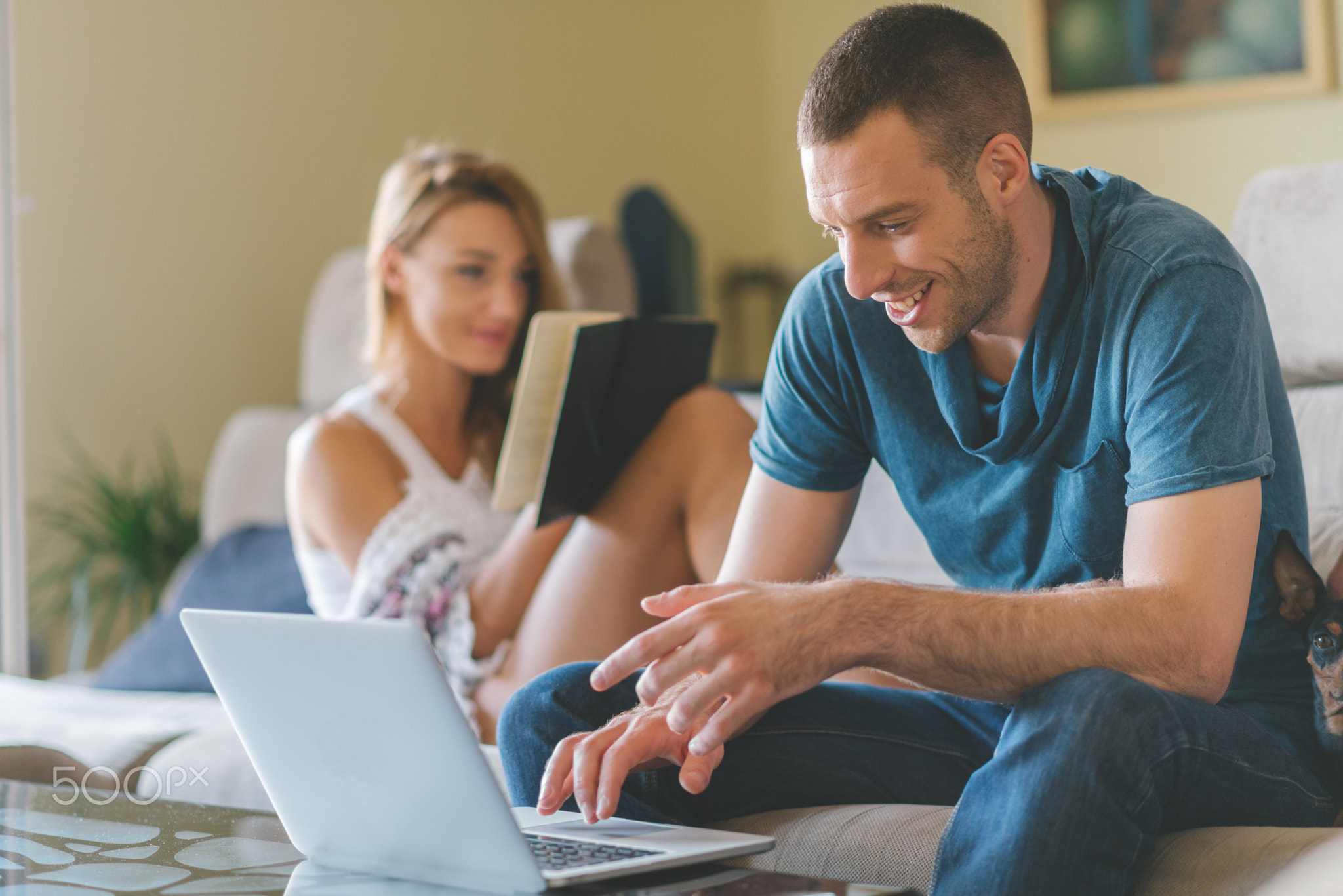 Young smiling couple working at home