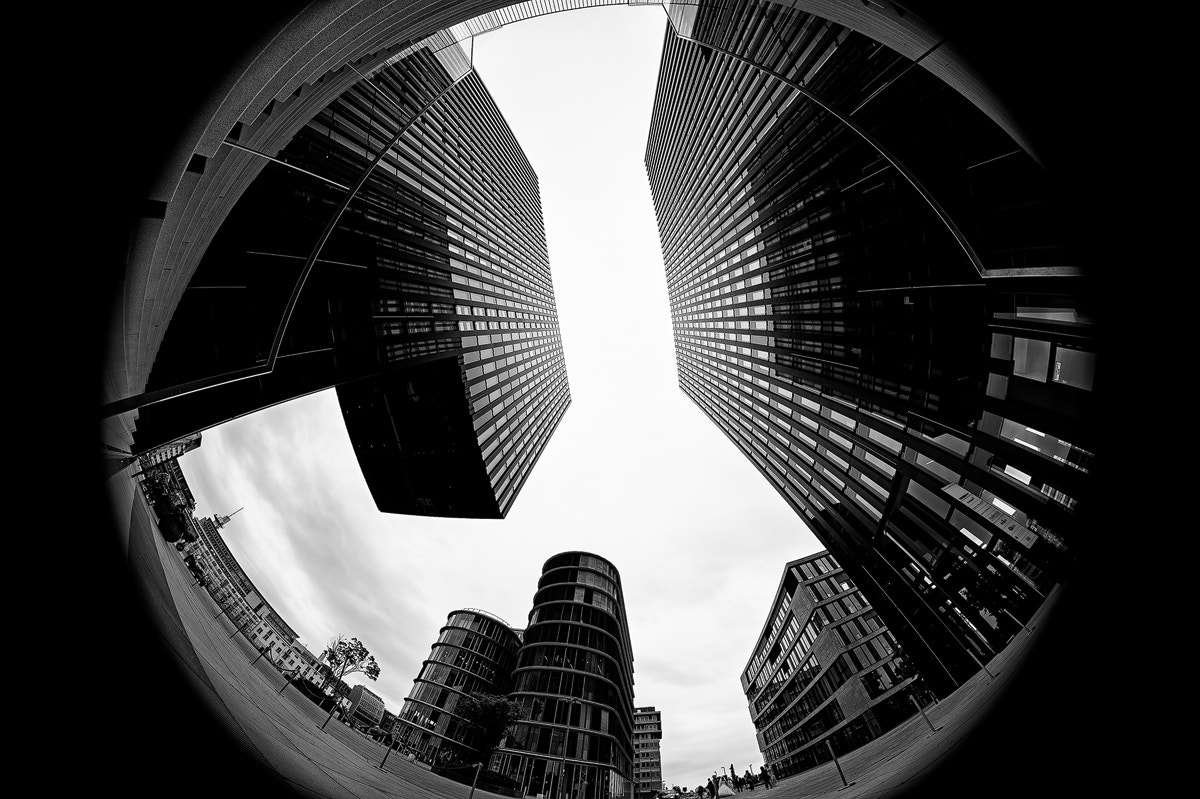 Nikon D4S + Samyang 8mm F3.5 Aspherical IF MC Fisheye sample photo. Hyatt regency düsseldorf from the glass ball photography