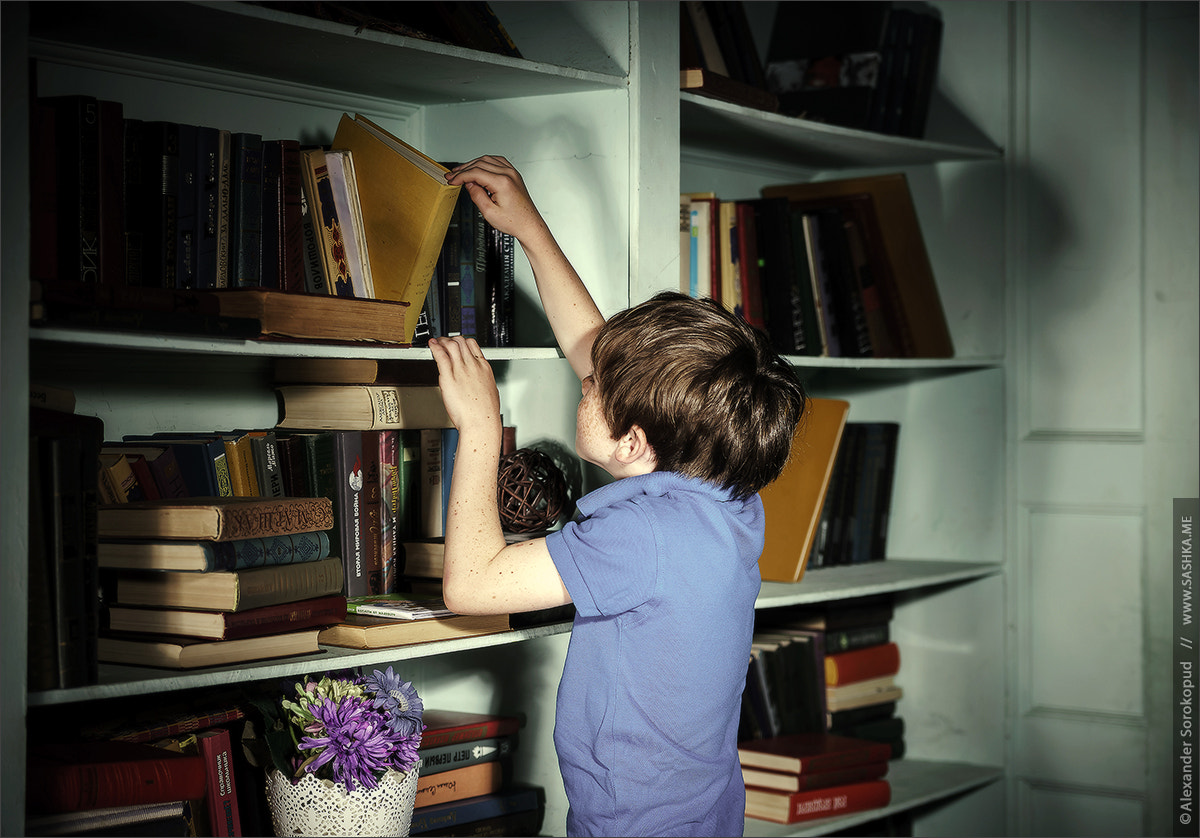 Sony a99 II sample photo. Freckled red-haired little boy searching book on bookcase photography