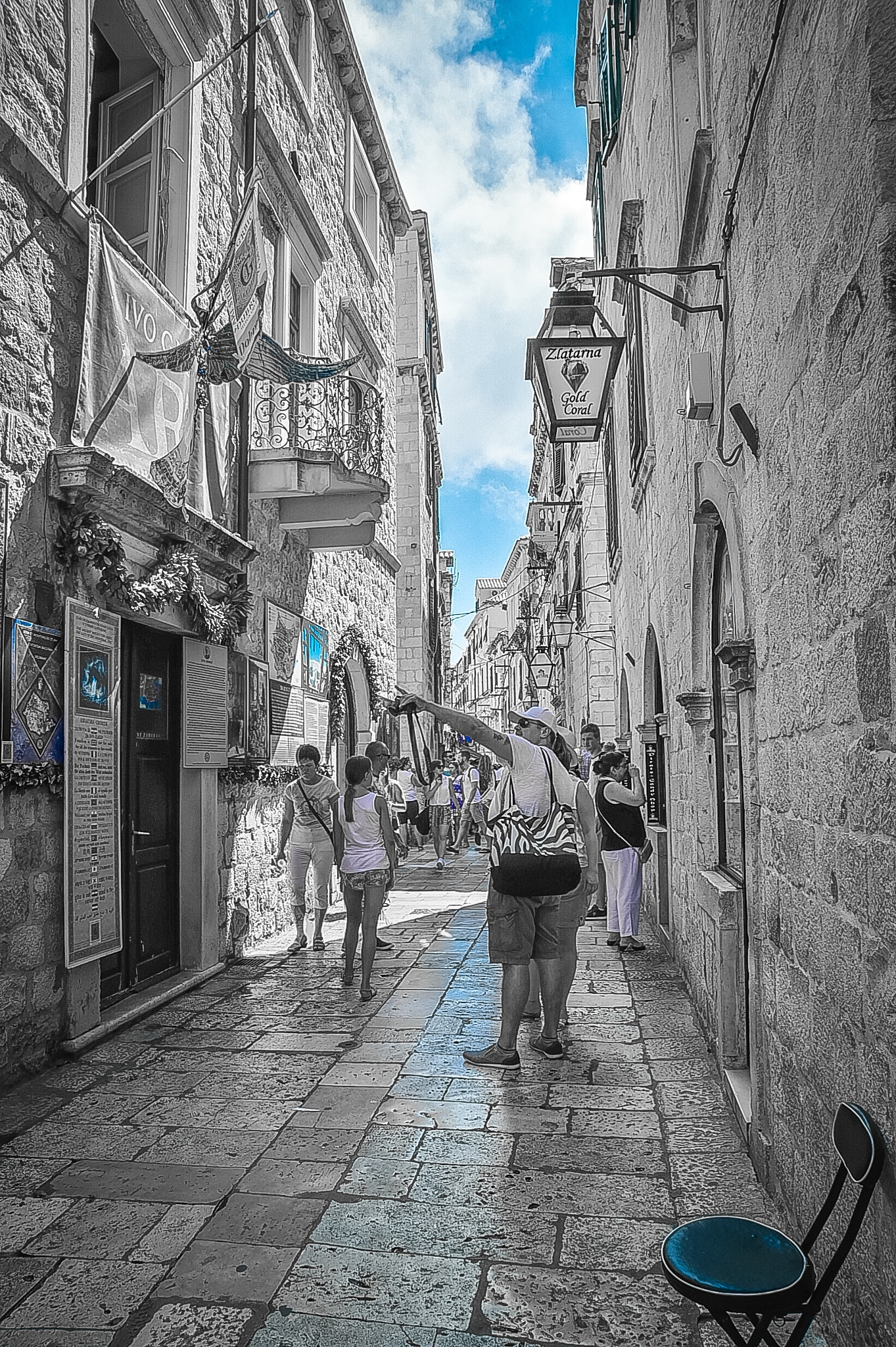 Nikon D4S + Nikon AF Nikkor 24-85mm F2.8-4D IF sample photo. Narrow streets of the old town in dubrovnik croatia with black, white and blue capture. photography