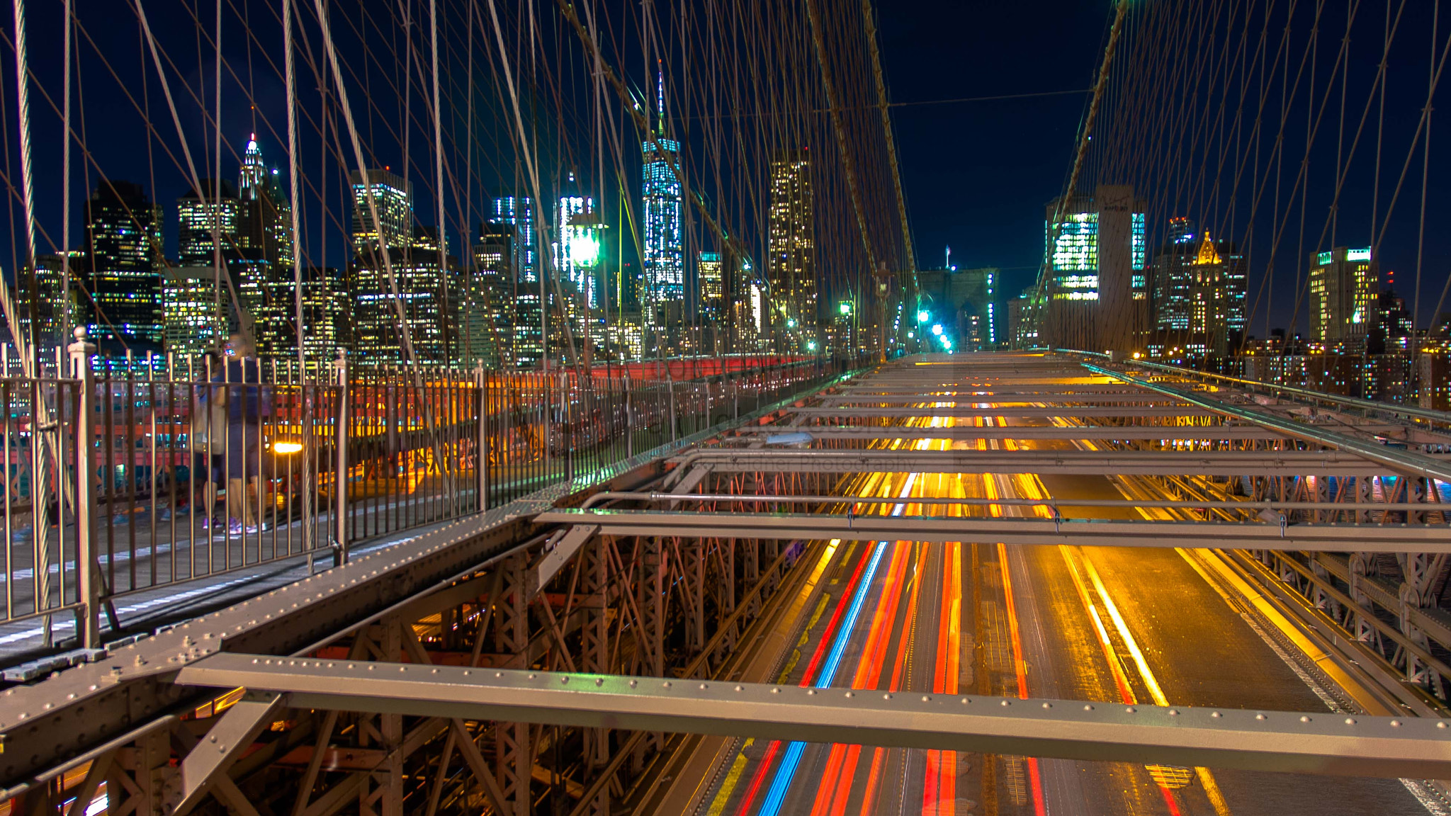 Pentax K-r sample photo. Manhattan skyline, brooklyn bridge and red light trails after dawn photography