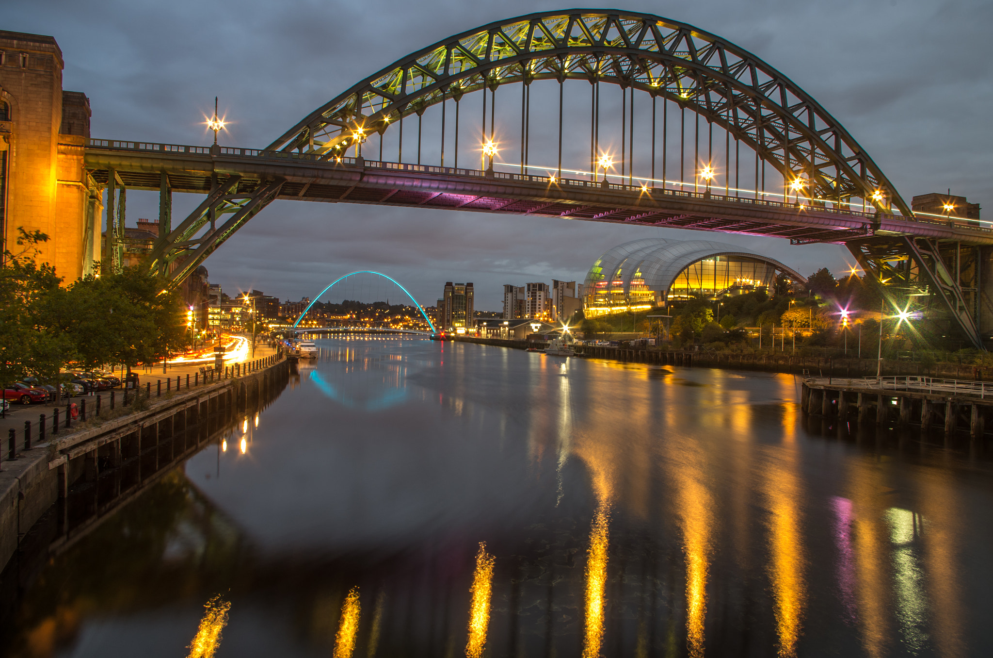 Pentax K-50 + smc PENTAX-DA L 18-55mm F3.5-5.6 sample photo. River tyne at dusk. light trails from a bus on the ... photography