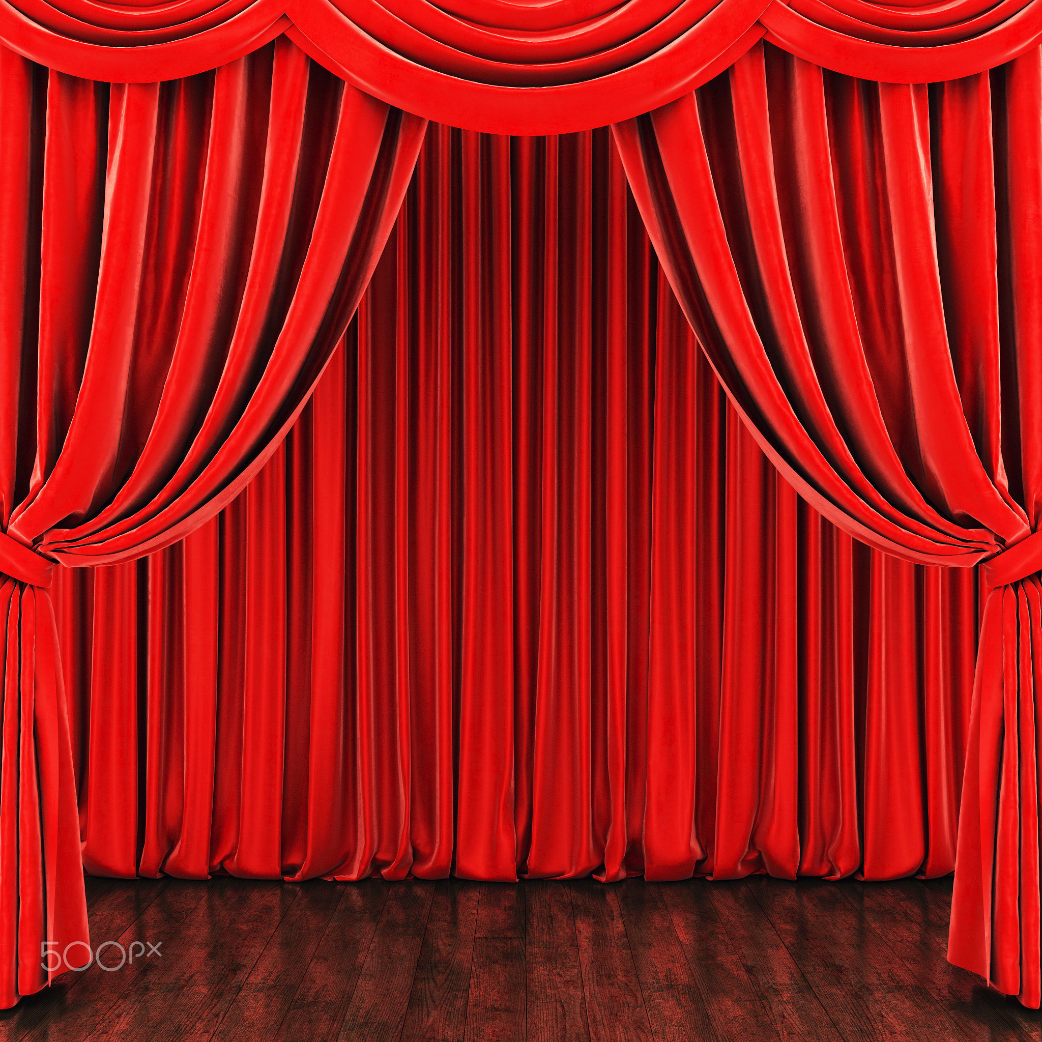 Stage with red curtain and wooden floor