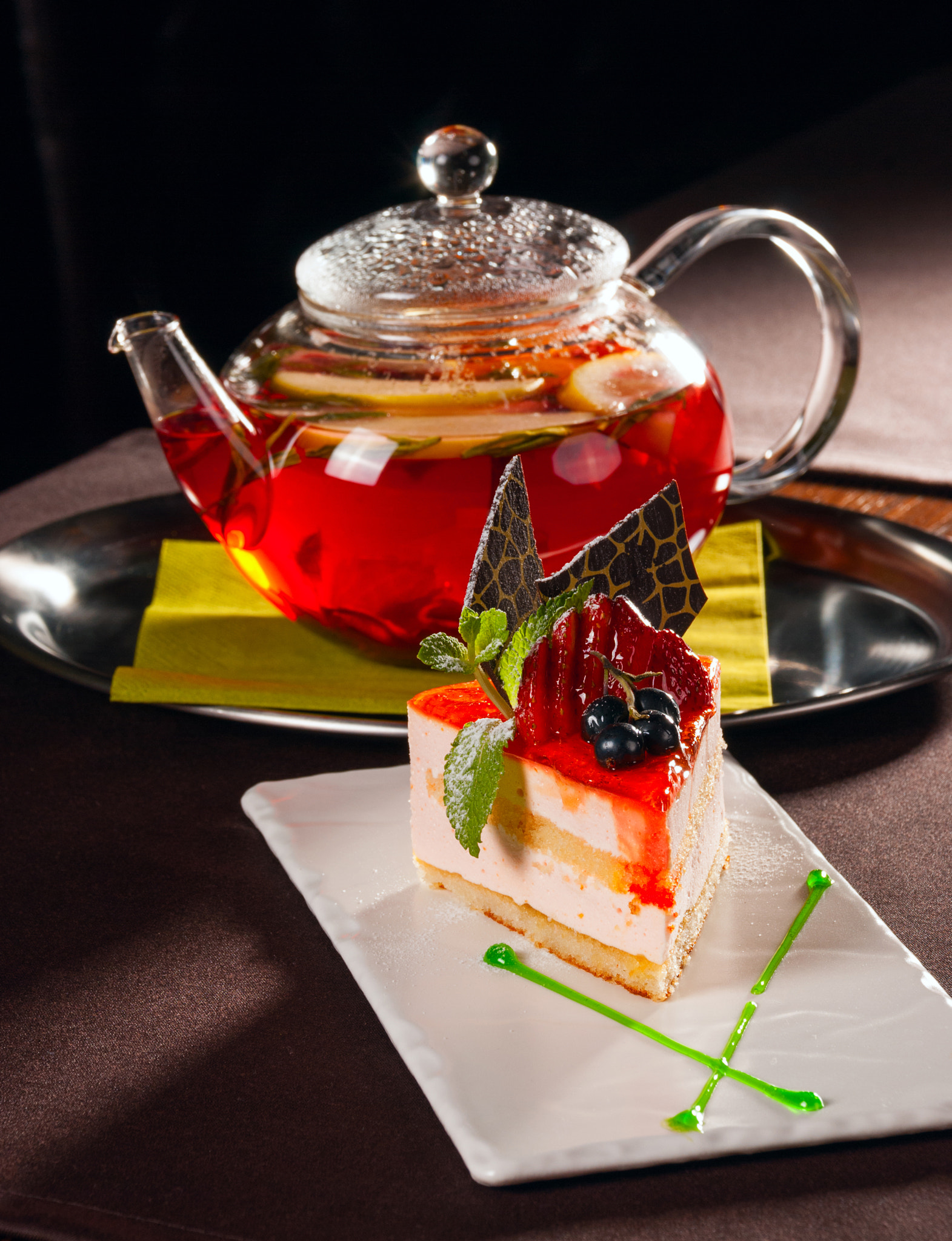 Nikon D60 sample photo. Beautiful dessert on background teapot photography