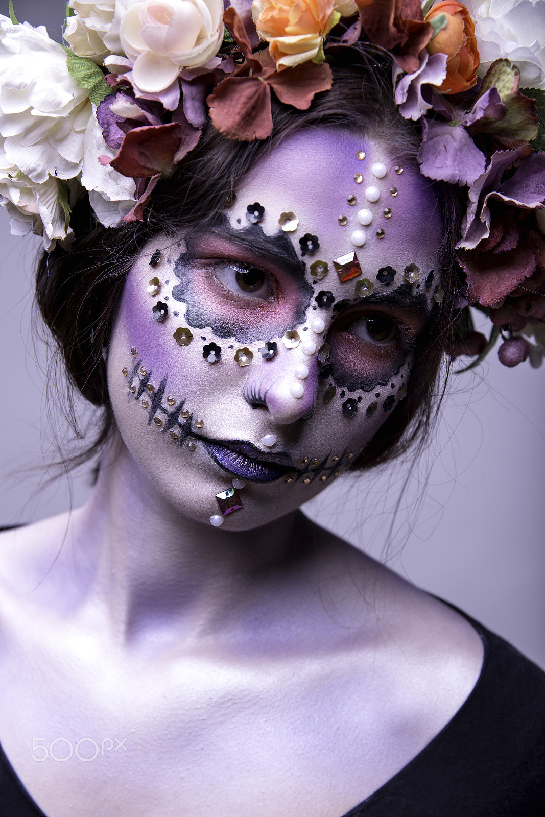 Canon EOS 6D + Canon EF 400mm f/2.8L sample photo. Halloween fashion model with rhinestones and wreath of flowers photography