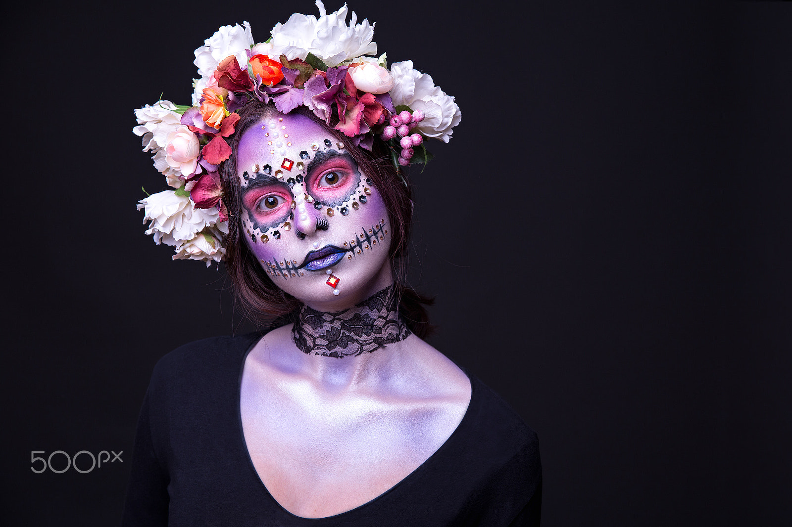 Canon EOS 6D + Canon EF 400mm f/2.8L sample photo. Halloween makeup with rhinestones and wreath of flowers photography