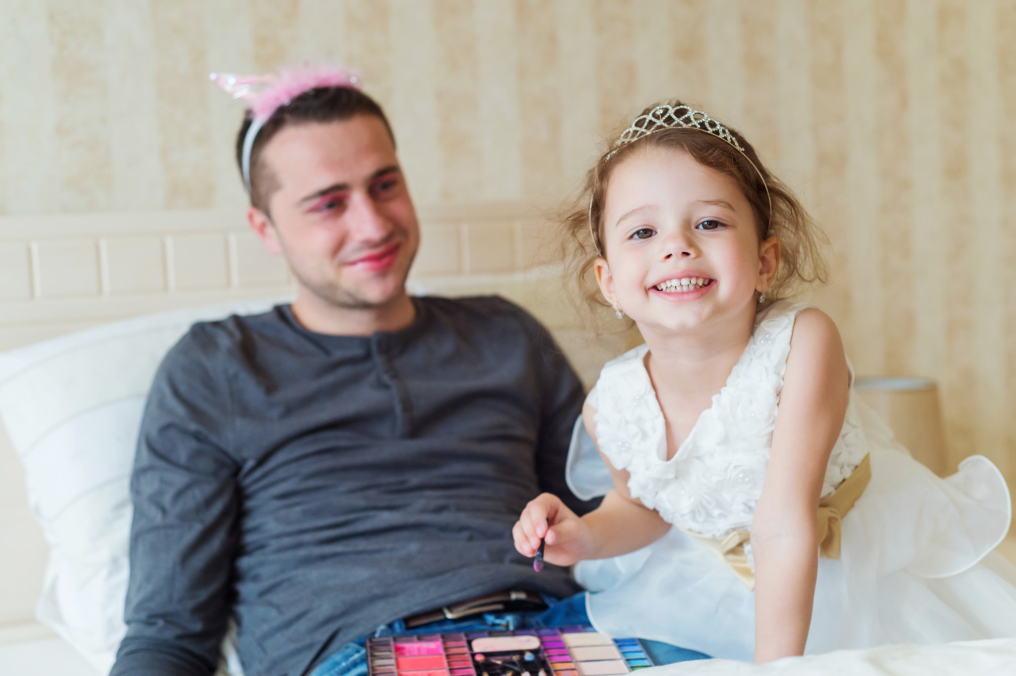 Nikon D4S + Nikon AF Nikkor 50mm F1.8D sample photo. Cute girl putting on make up on her father photography