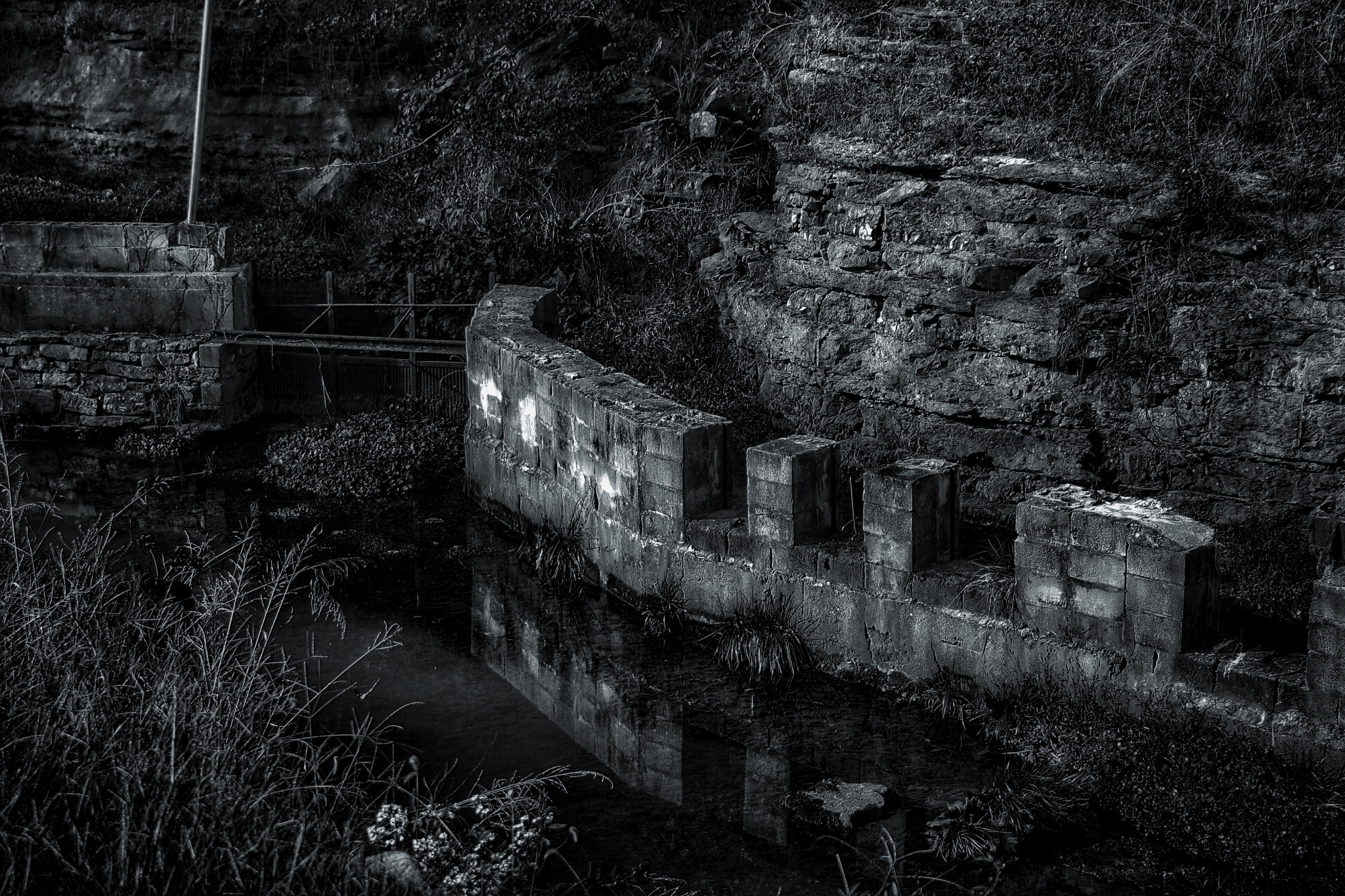 Canon EOS 1000D (EOS Digital Rebel XS / EOS Kiss F) + Tamron AF 28-200mm F3.8-5.6 XR Di Aspherical (IF) Macro sample photo. Old abandoned fish hatchery in black and white photography