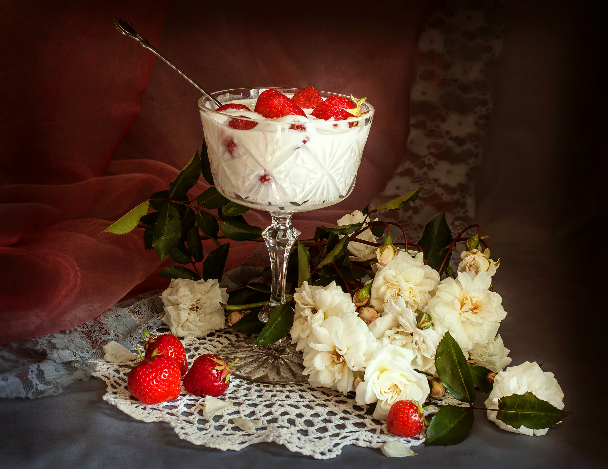 Canon EF 50mm F2.5 Macro sample photo. Fruit-piece with red strawberry and white roses photography