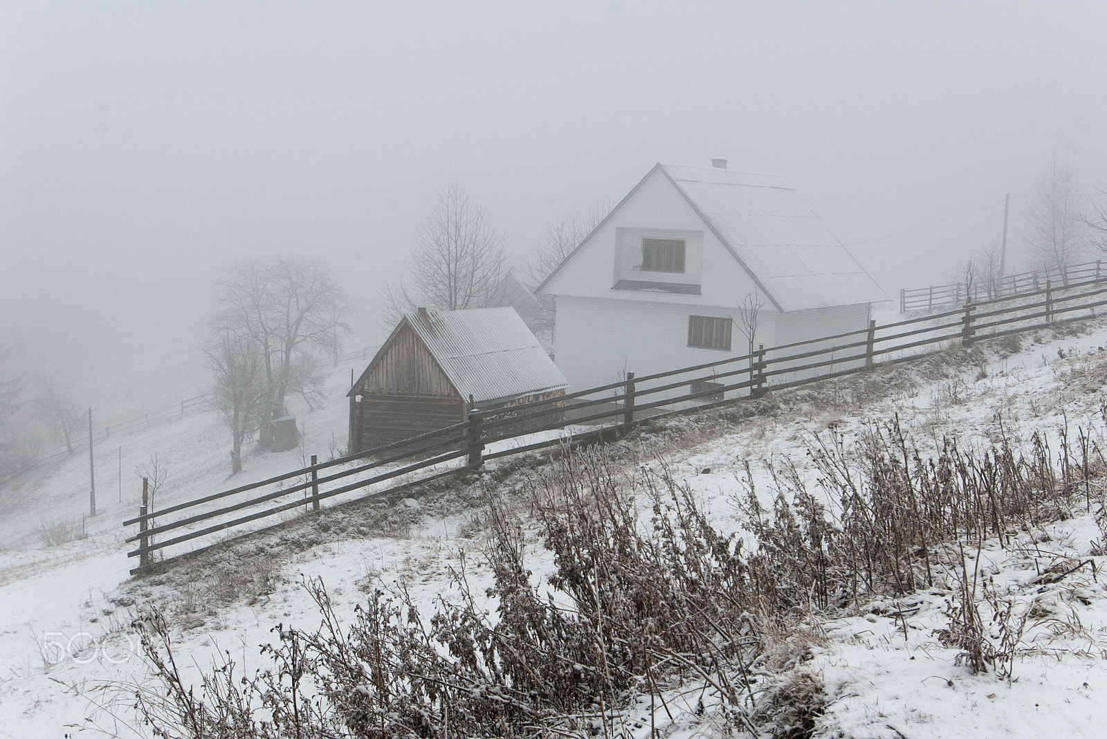 Pentax *ist DL sample photo. Foggy morning in the village. carpathians, ukraine. photography