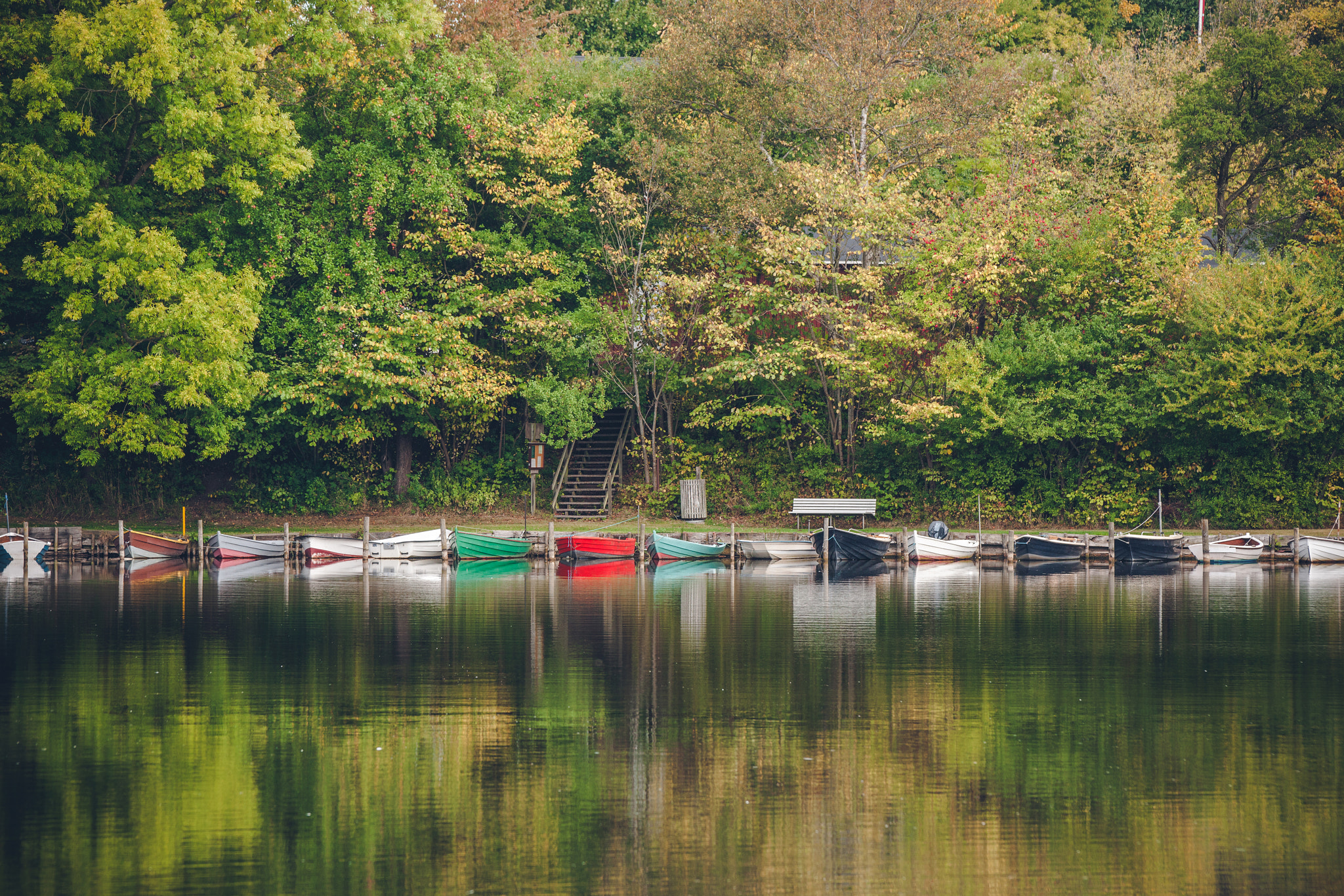 Sony Alpha DSLR-A900 + Sony 70-400mm F4-5.6 G SSM II sample photo. Boats on a row in a lake surrounded by green trees photography