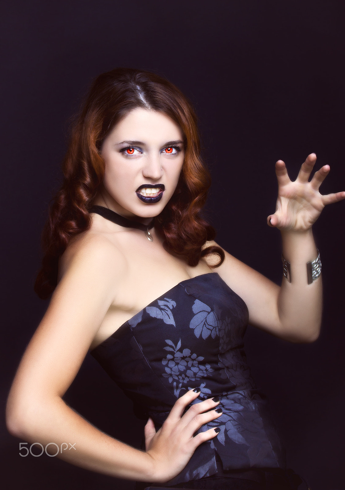 Canon EF 70-200mm F4L IS USM sample photo. Evil vampire girl portrait on black background photography