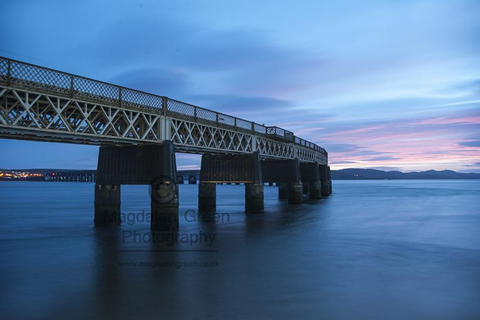 Nikon D700 sample photo. Tay rail bridge -  blue night view with a flash of pink - dundee photography