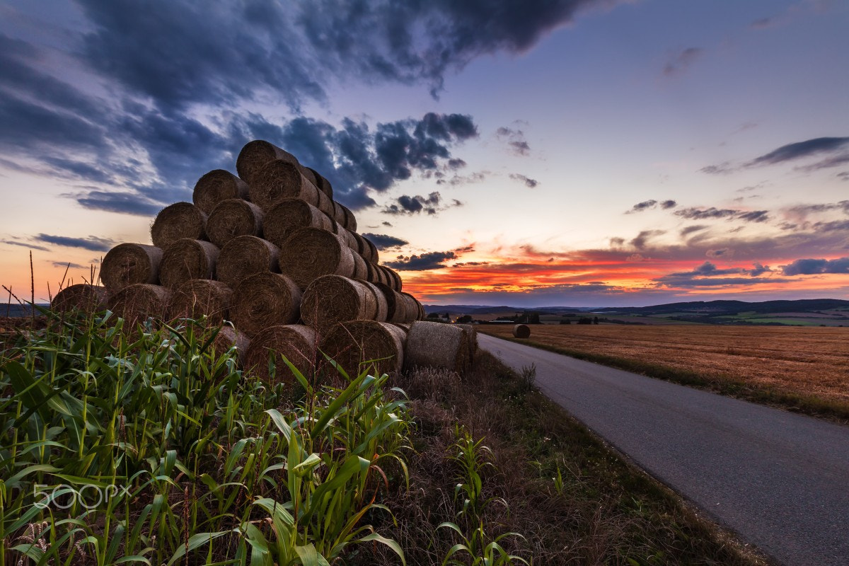 Canon EOS 6D + Canon EF 16-35mm F4L IS USM sample photo. Sunset and the pyramid of straw bales photography