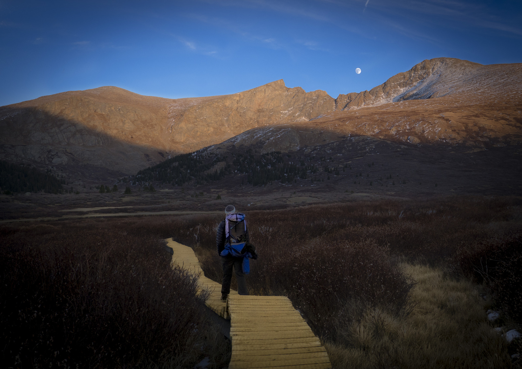 Olympus OM-D E-M10 + Olympus M.Zuiko Digital 14-42mm F3.5-5.6 II sample photo. A hiker and the moon photography