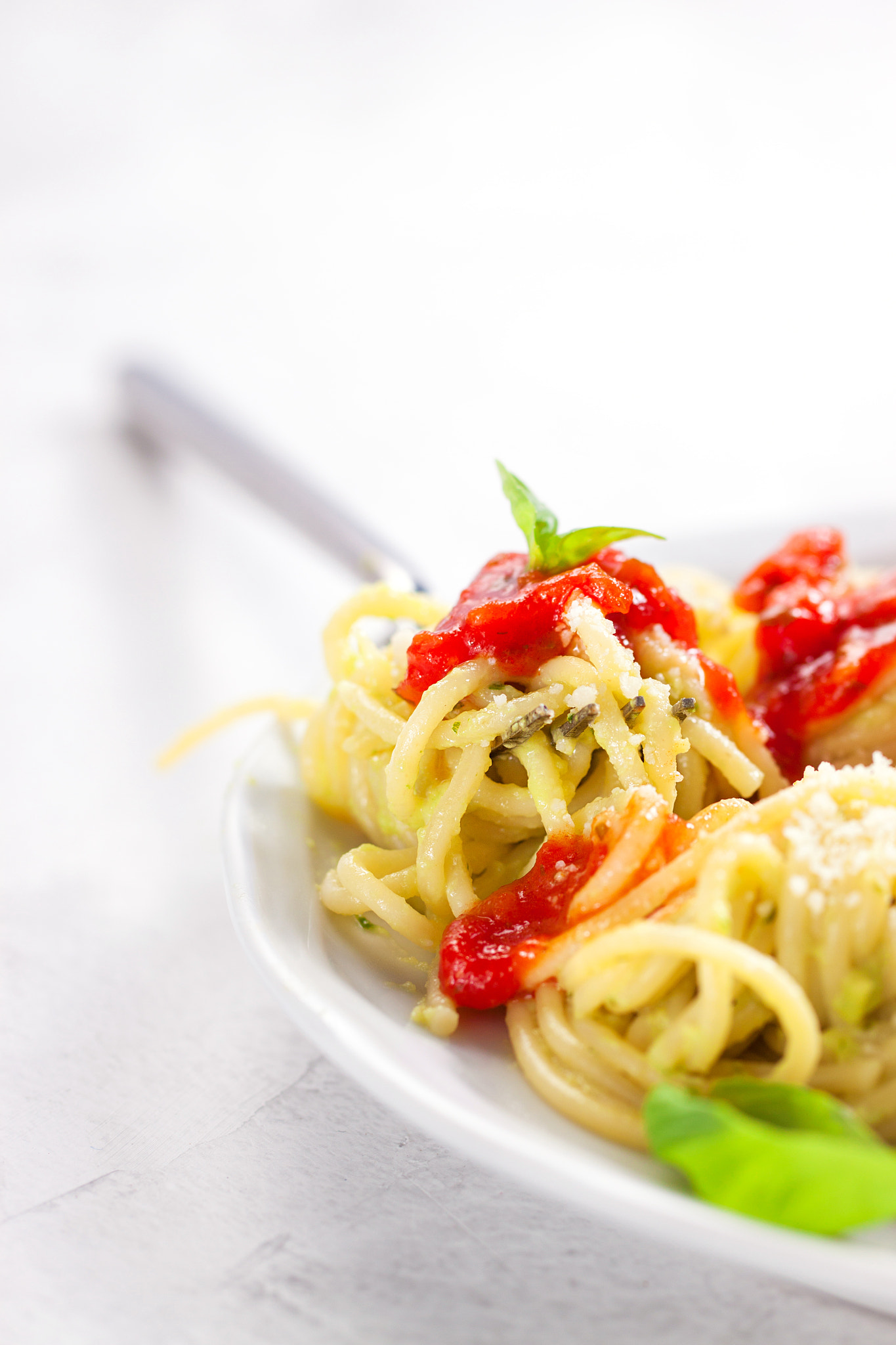 Canon EF 100mm F2.8L Macro IS USM sample photo. Homemade spaghetti pasta with avocado, tomato and basil sauce, closeup photography