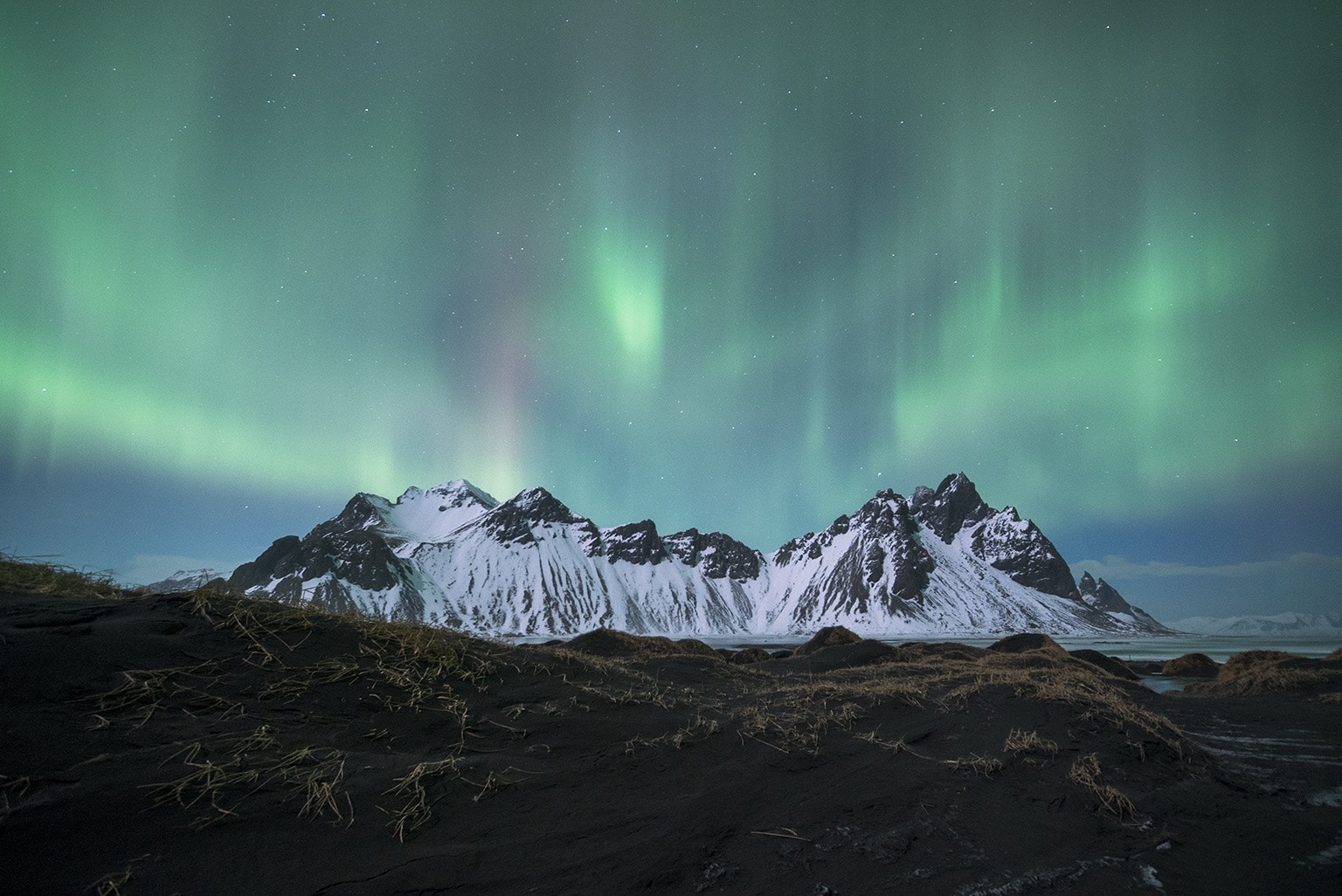 Sony a7S sample photo. Northern lights above vestrahorn in south east of iceland photography