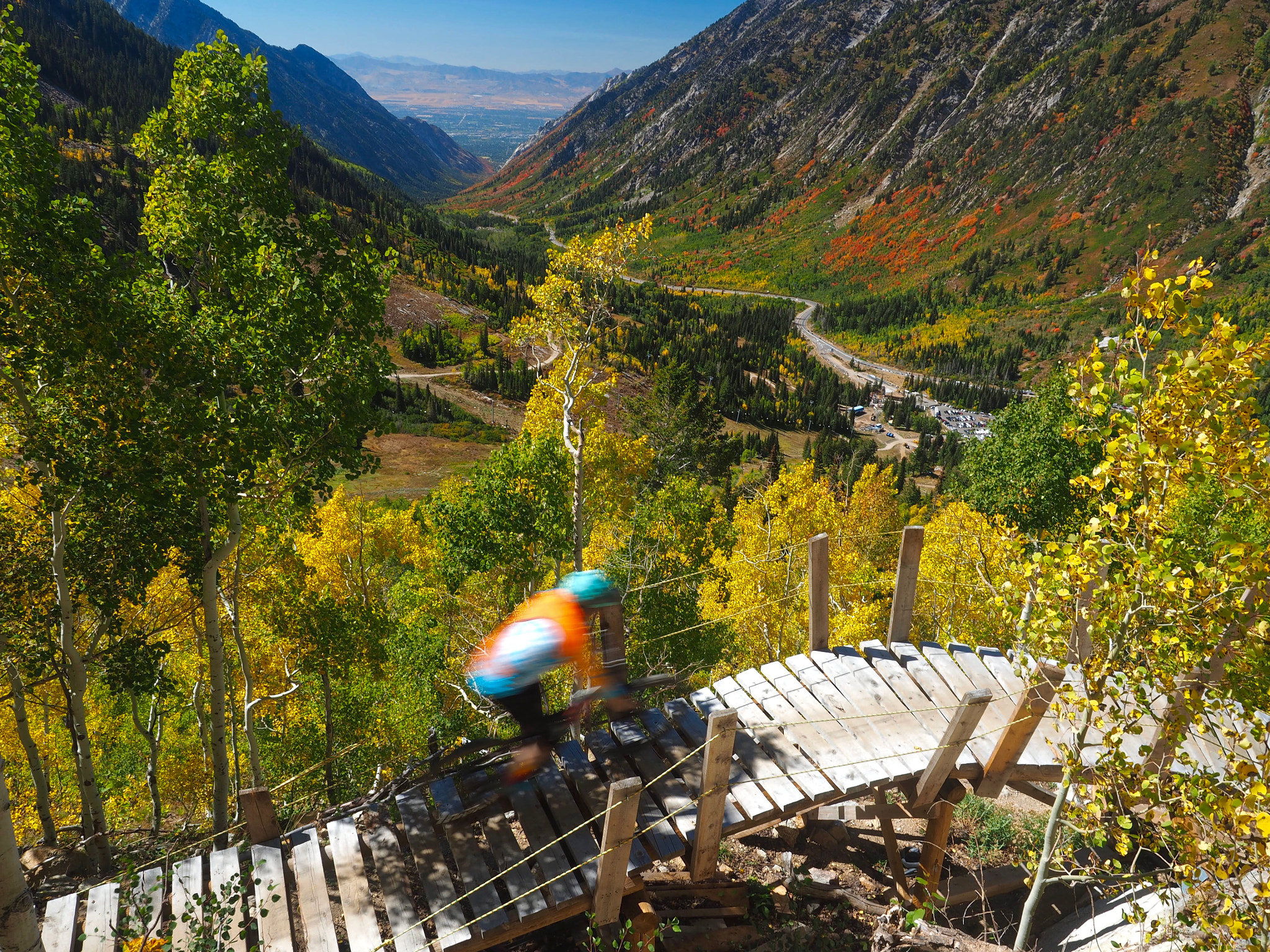 Olympus OM-D E-M5 II + Olympus M.Zuiko Digital ED 12-40mm F2.8 Pro sample photo. Mountain biker among aspens in fall photography