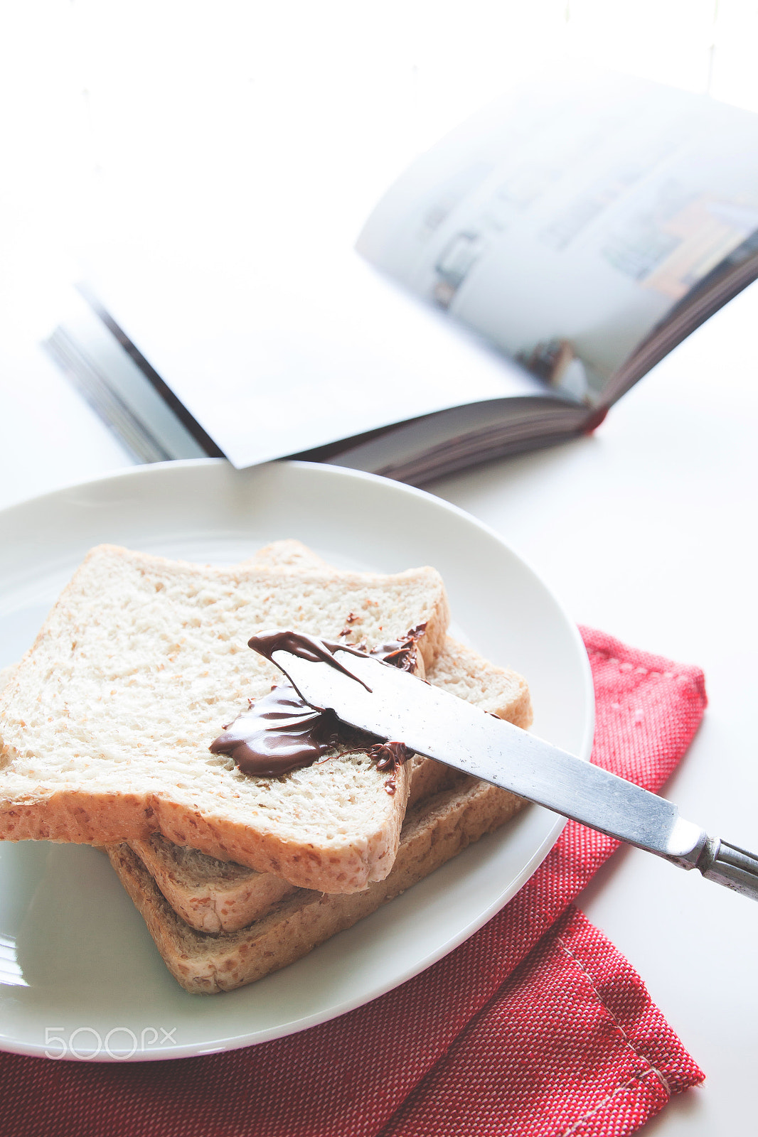 Canon EOS 500D (EOS Rebel T1i / EOS Kiss X3) sample photo. Chocolate cream with sliced bread on white dish and pink fabric on white background photography