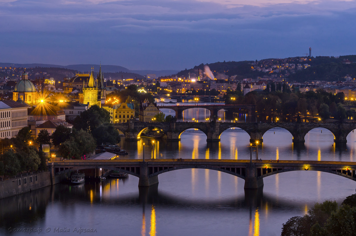 Nikon D5100 + Sigma 28-300mm F3.5-6.3 DG Macro sample photo. Evening view on charles bridge over vltava river in prague,capit photography