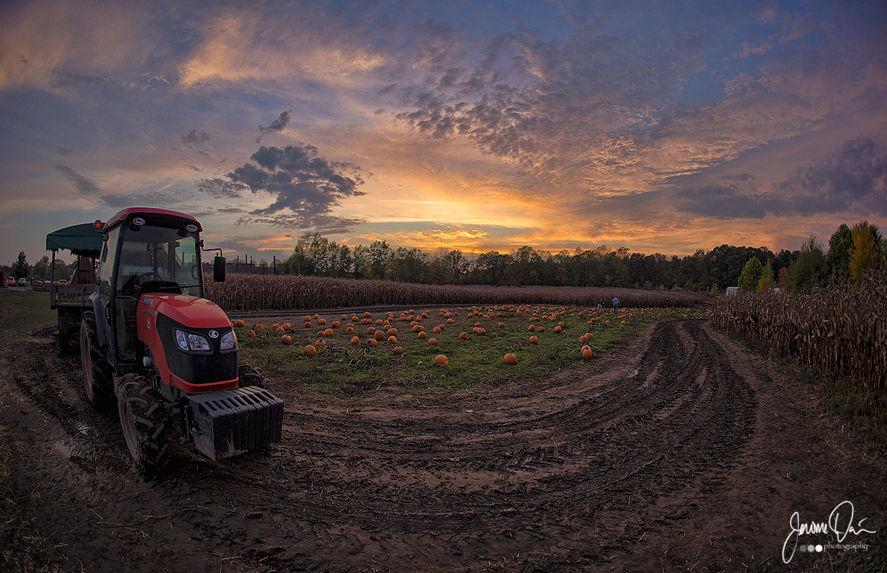 Canon EOS-1D X + Canon EF 15mm F2.8 Fisheye sample photo. Sunset tractor photography