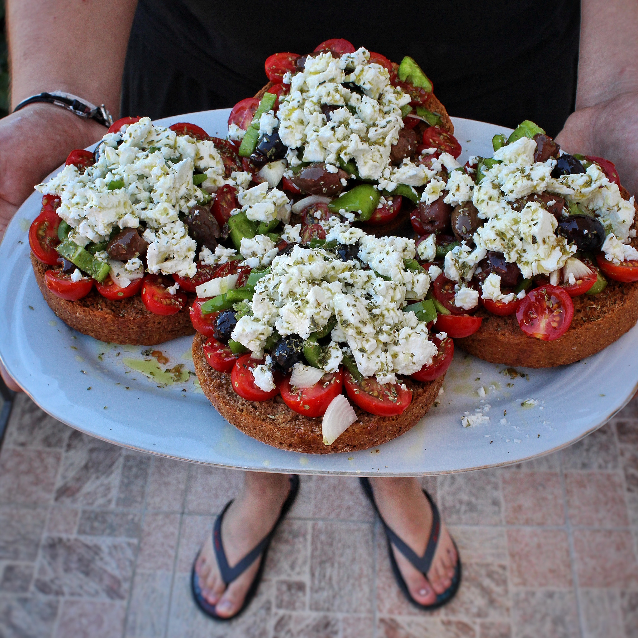 Canon EOS 1200D (EOS Rebel T5 / EOS Kiss X70 / EOS Hi) + Canon EF-S 18-55mm F3.5-5.6 IS II sample photo. Feta cheese and tomatoes on round barley rusks photography