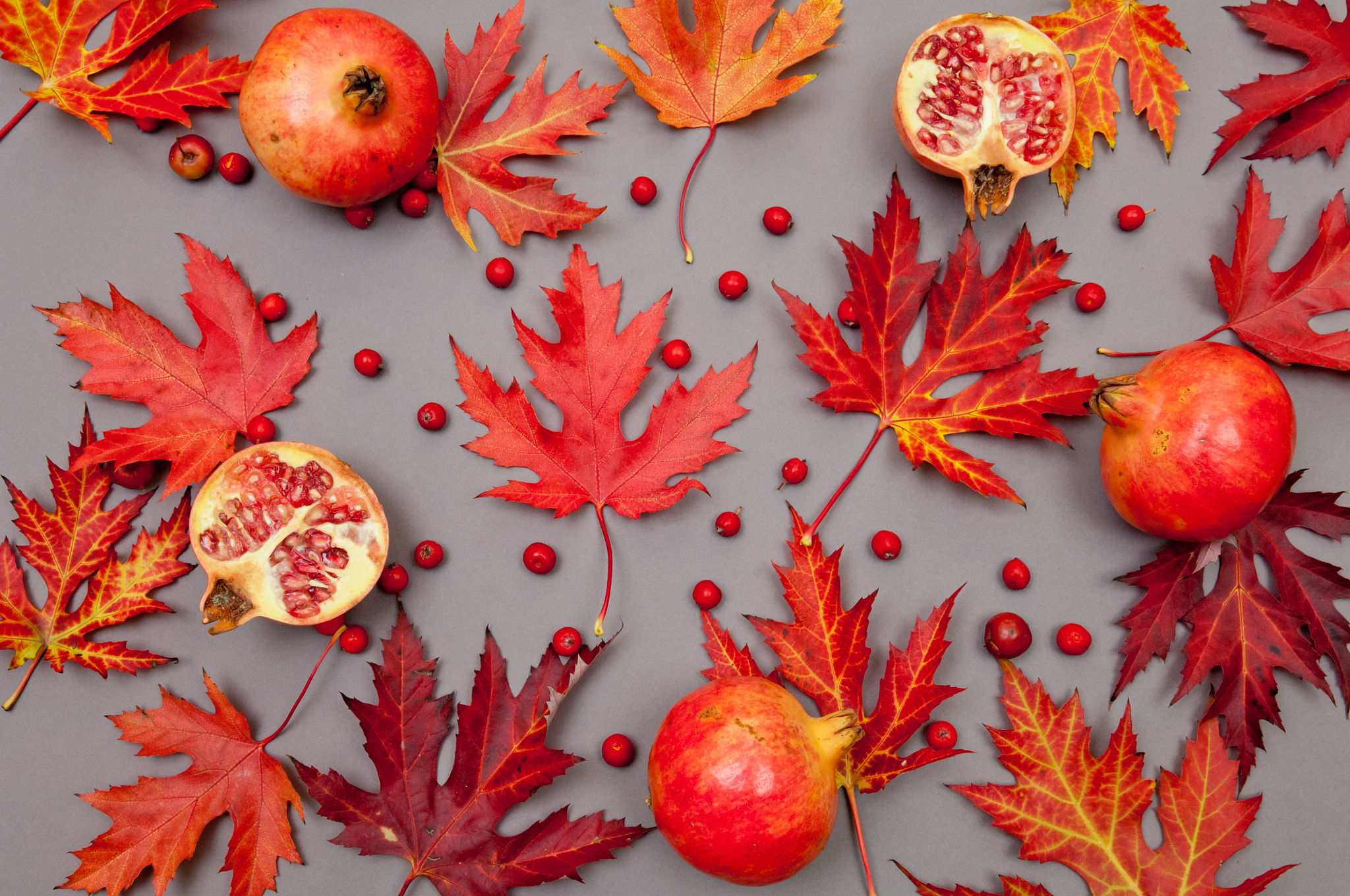 Nikon D2X sample photo. Pomegranates and autumn red fallen leaves pattern on grey backgr photography